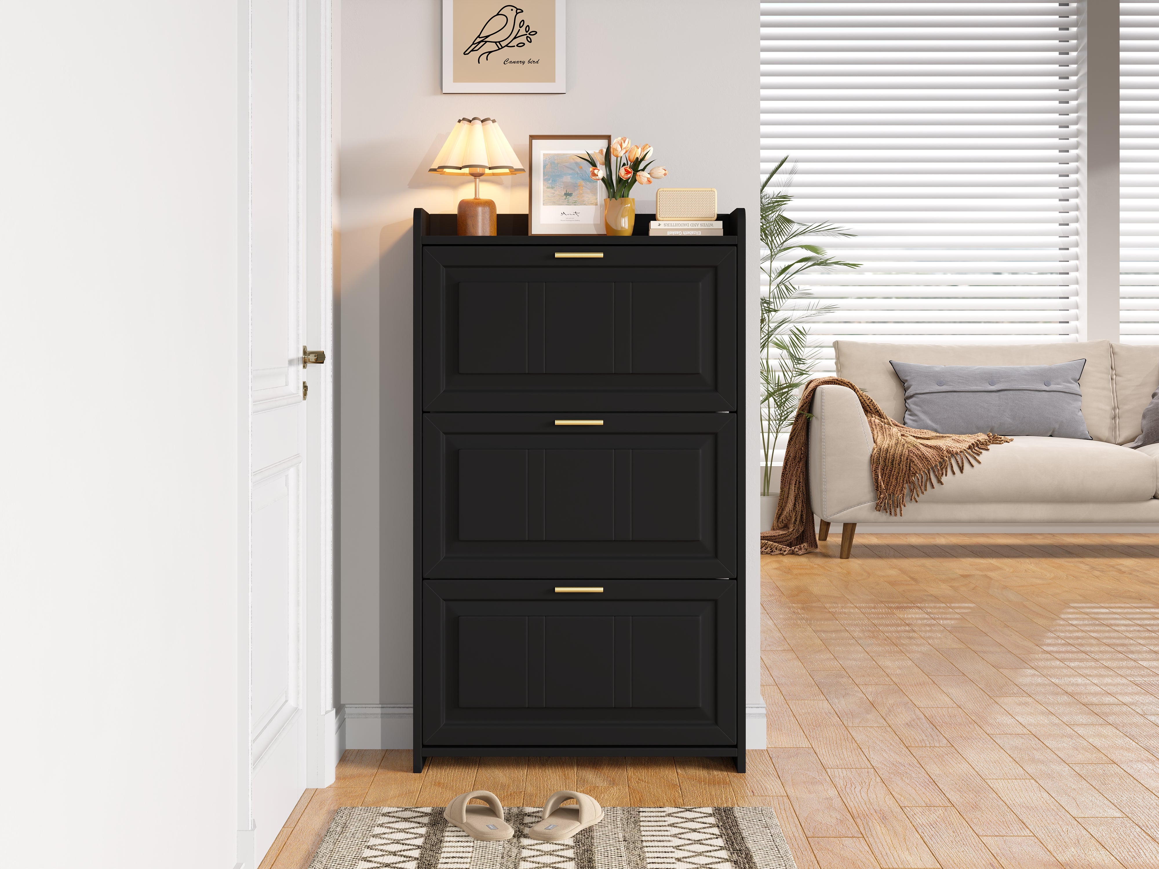 Meuble à chaussures avec 3 portes rabattables - 70 x 24 x 120 cm - MDF et panneaux de particules - Noir - 7