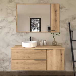 AICA Ensemble Meuble Salle De Bain 120 Cm Avec Vasque, Colonne Et Miroir Lumineux - 3 Couleurs - Chêne Wotan