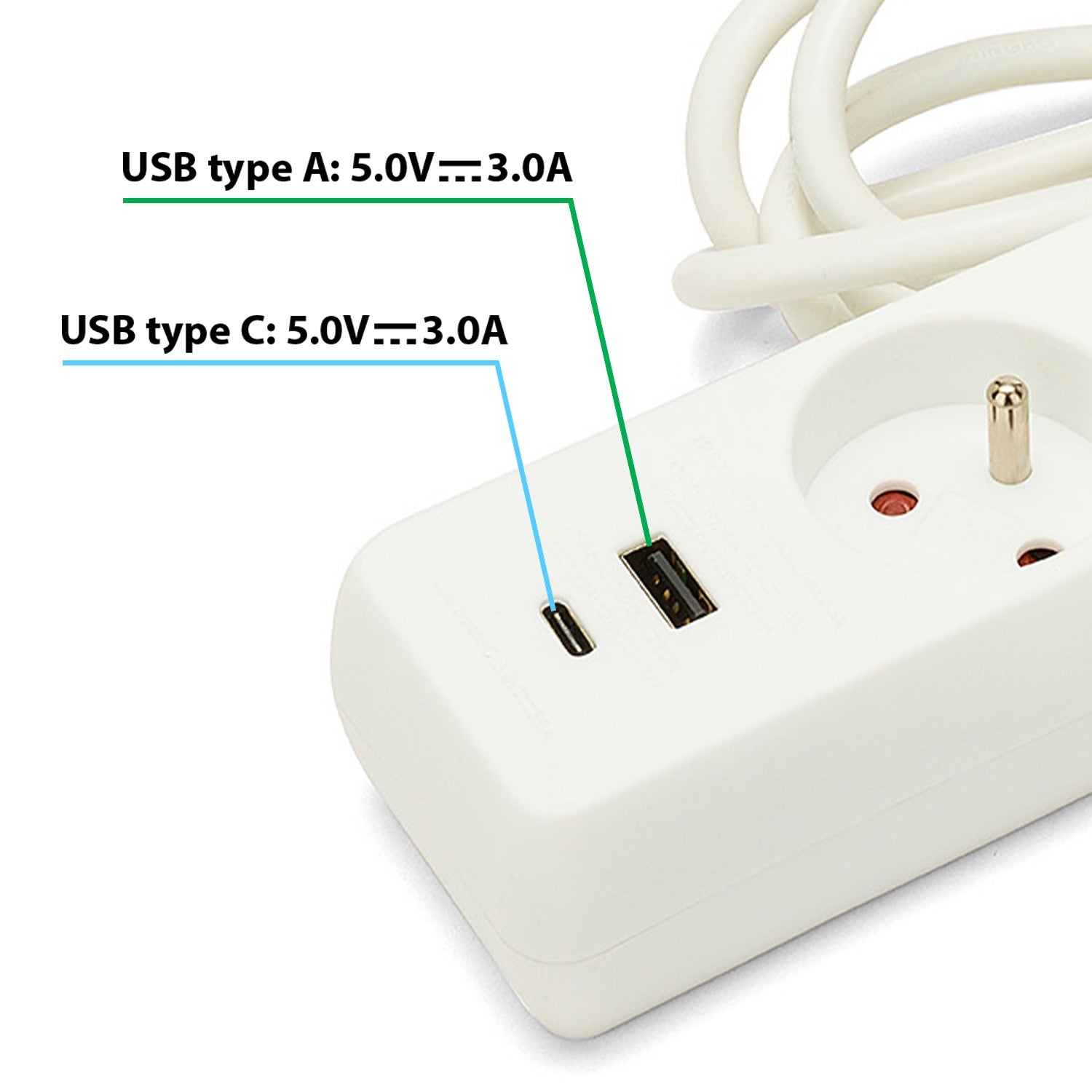 Multiprise française avec 3 sorties 2P+T et 2 prises USB. Câble de 1,5 m - 5