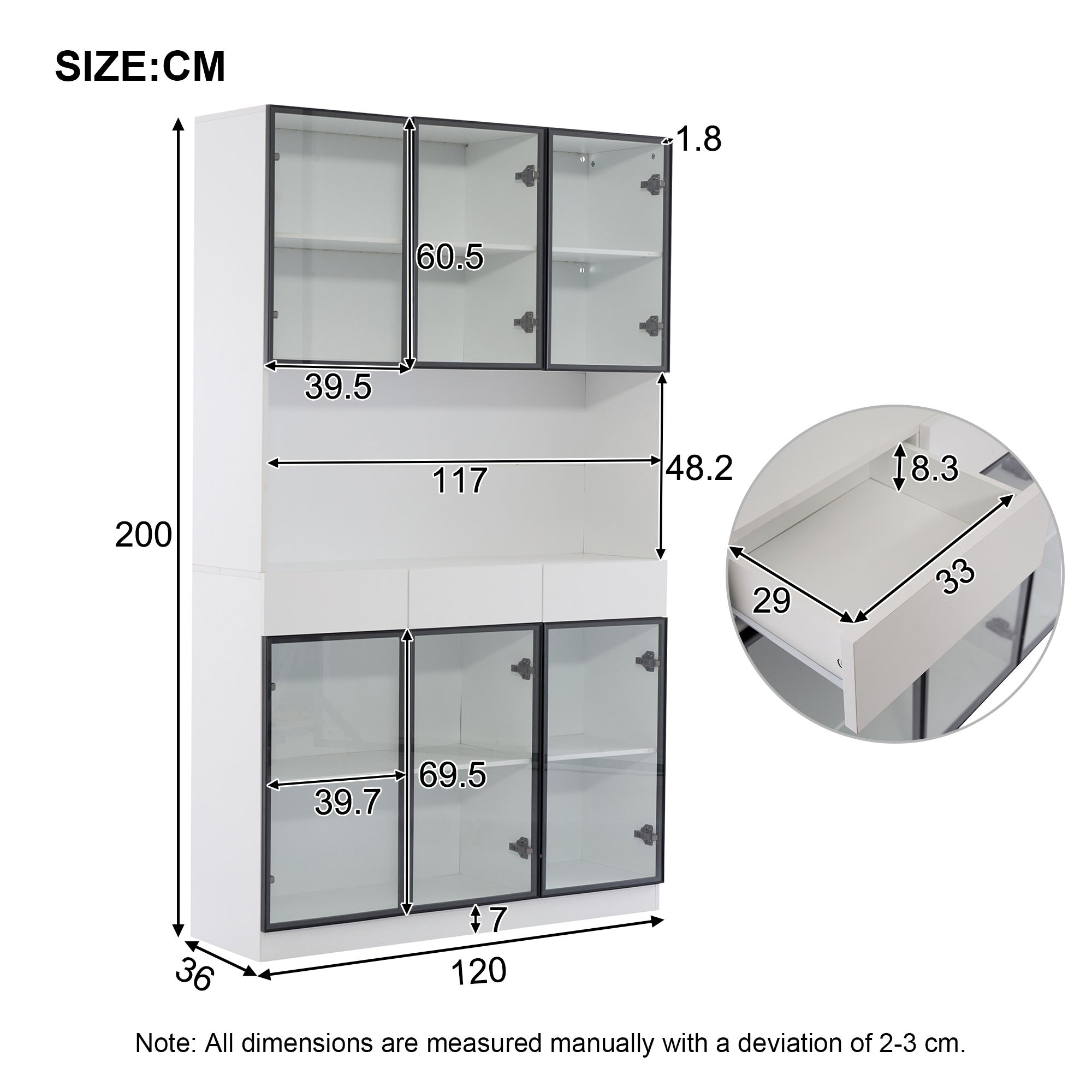 Vitrine avec 6 portes en verre et 3 tiroirs - 120 x 36 x 200 cm - LEDs - Panneaux de particules - Blanc - 11