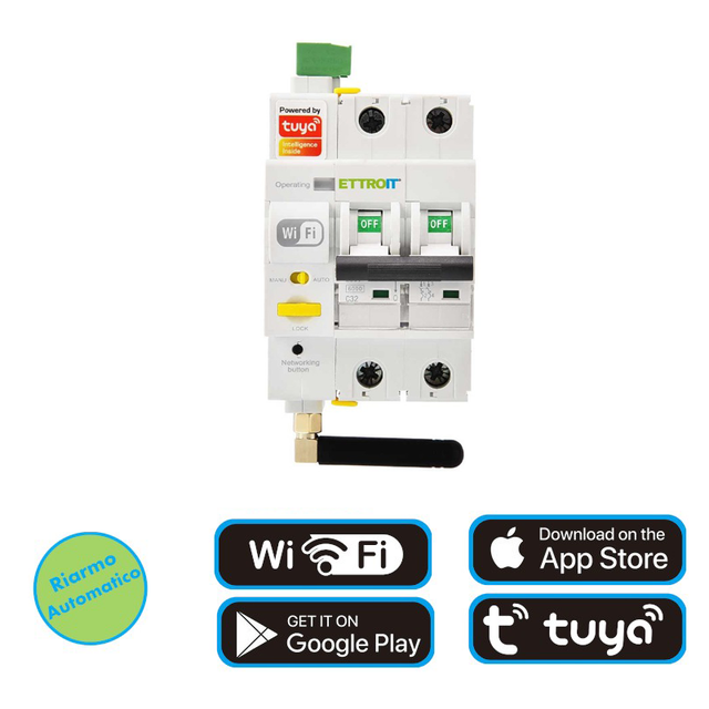 ETTROIT INTERRUTTORE MAGNETOTERMICO SMART WIFI 2P 32A APP TUYA OCCUPA 3 MODULI DIN