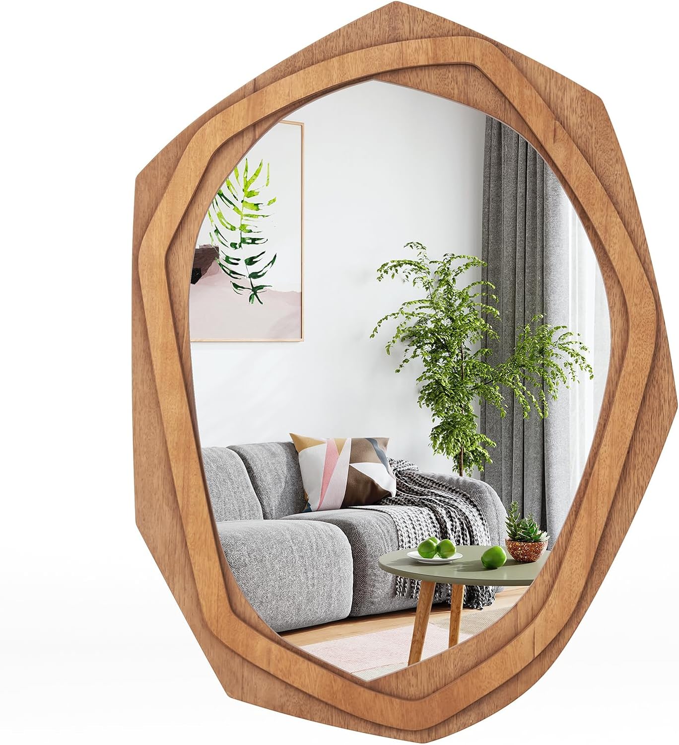 Rustykalne lustro ścienne z drewnianą ramą, dekoracyjne lustro w stylu vintage, 66 x 89,5 cm, naturalne