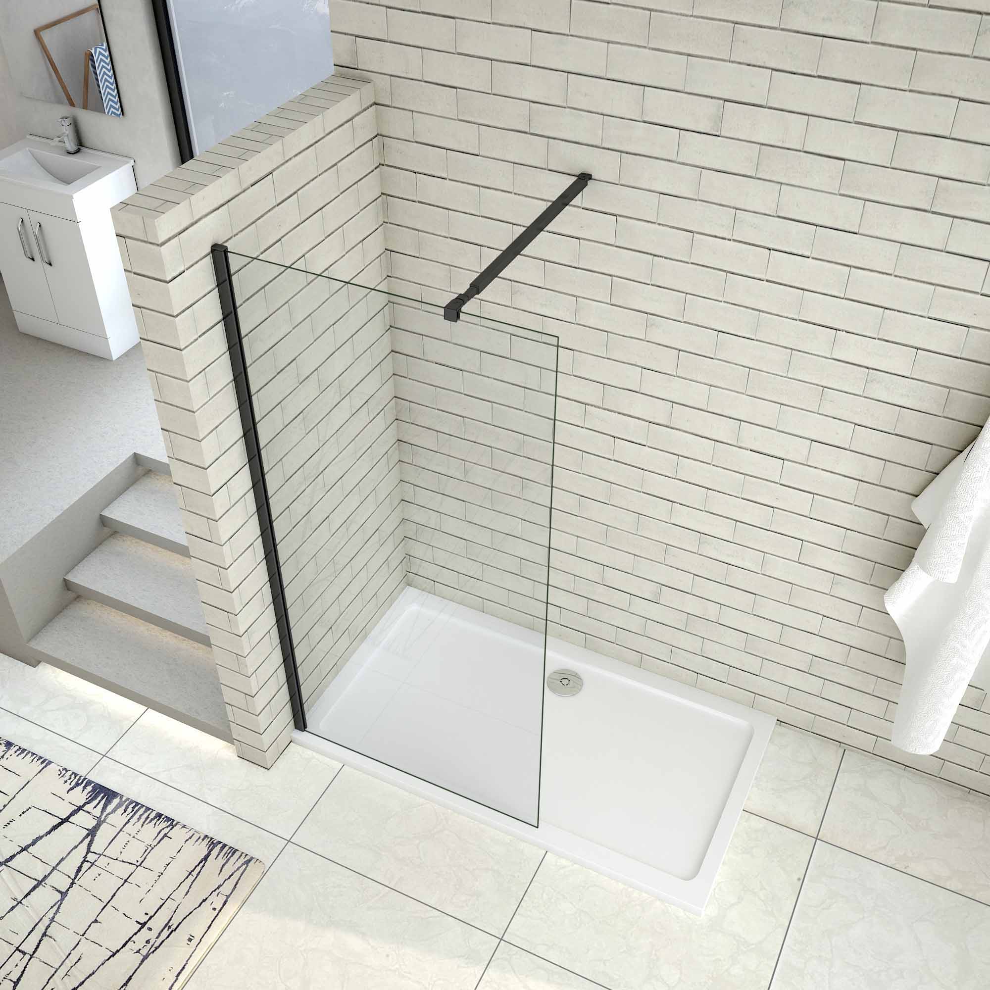 AICA Painel de duche Fixo de folha única Vidro Anti-calcário 8mm com Barra ajustável 73-120cm Perfil Preto fosco Tamanho(58-60)x200cm - 2