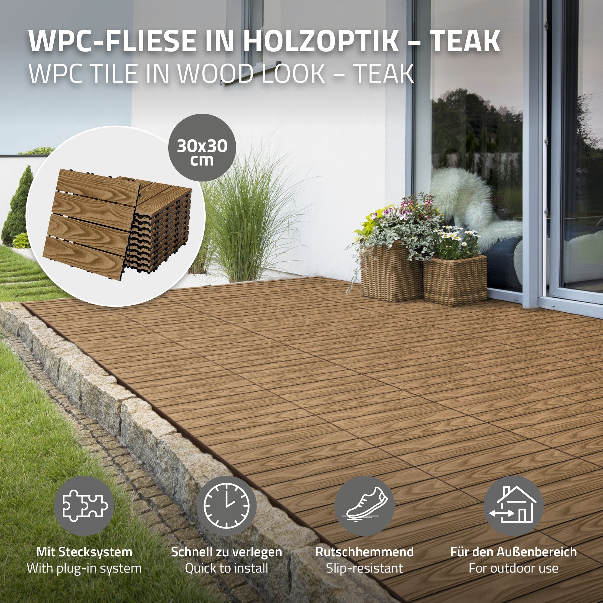 ECD Germany plytki tarasowe wpc 30x30 cm 55 sztuk 5m² kwadratowy teak panele podłogowe klik odpływ wodny balkon taras ogród patio weranda - 2