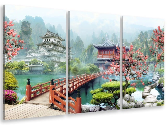 Tableau triptyque paysage illustré temple bouddhiste - 90x60 cm