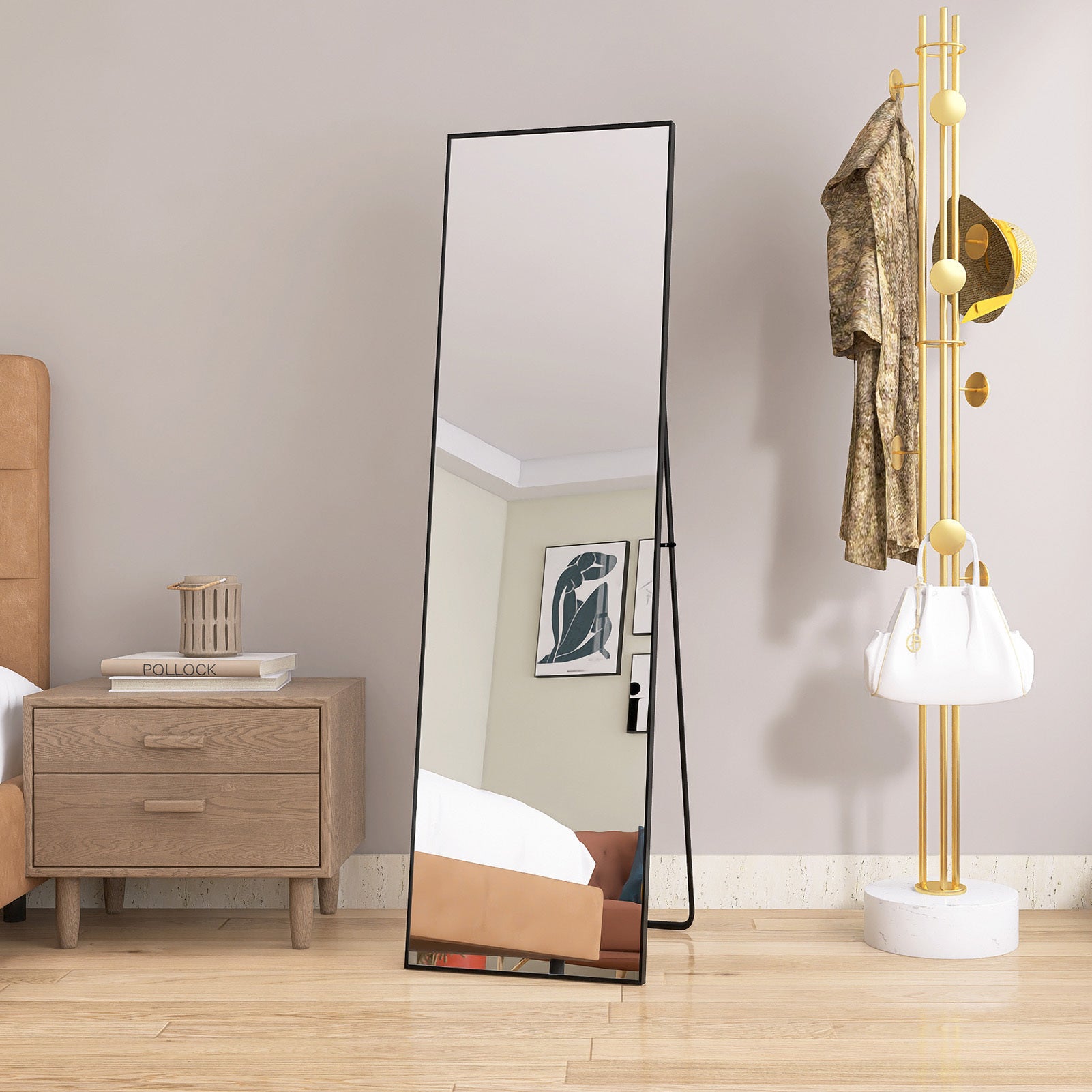 Miroir sur pied, 140x40 cm, Miroir rectangulaire, Miroir de maquillage, Cadre en alliage d’aluminium, Verre trempé, pour chambre, dressing, Noir - 4