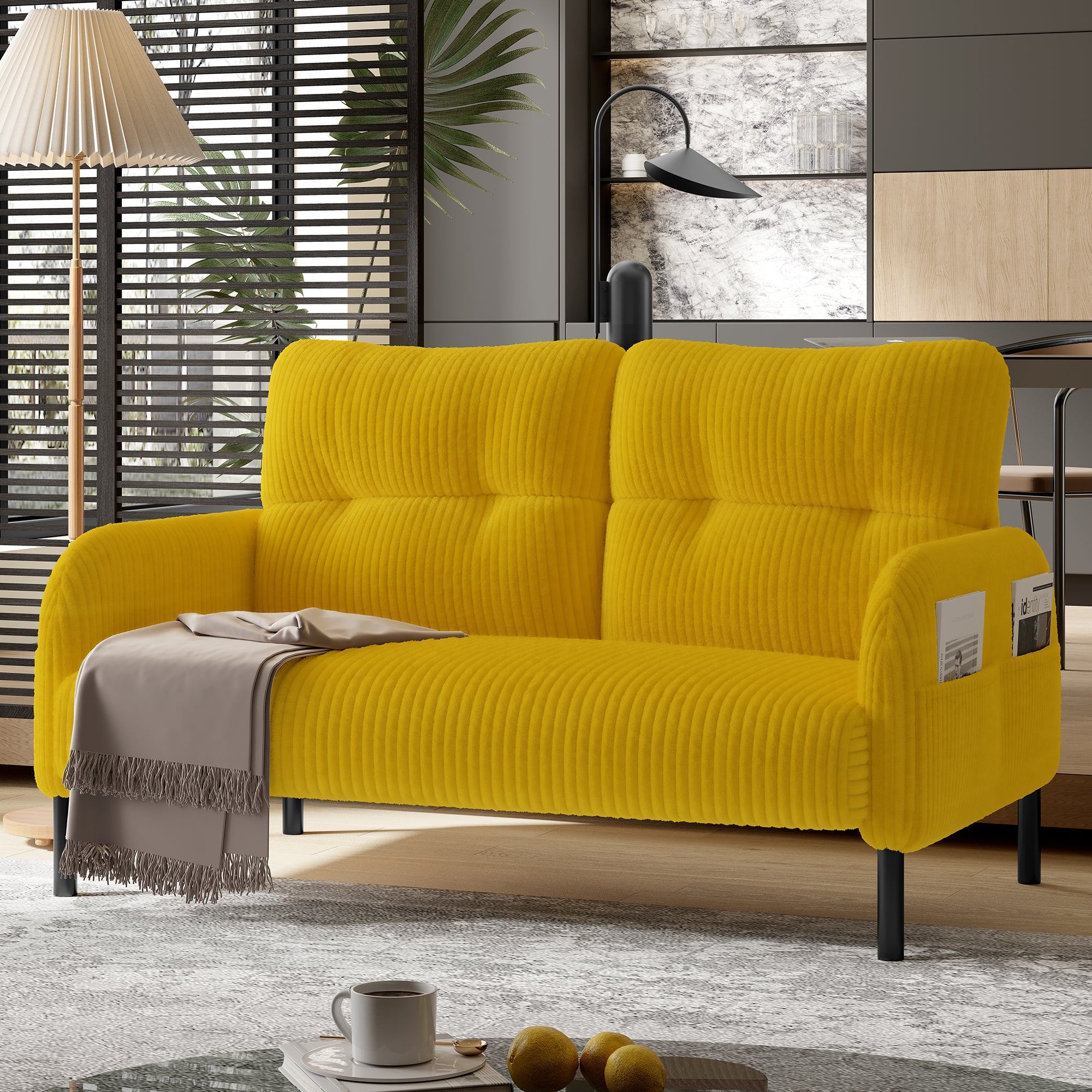 Sofa 2-osobowa z podłokietnikami i kieszeniami bocznymi - 120 x 75 x 79 cm - Sztruks i metalowe nogi - Żółty