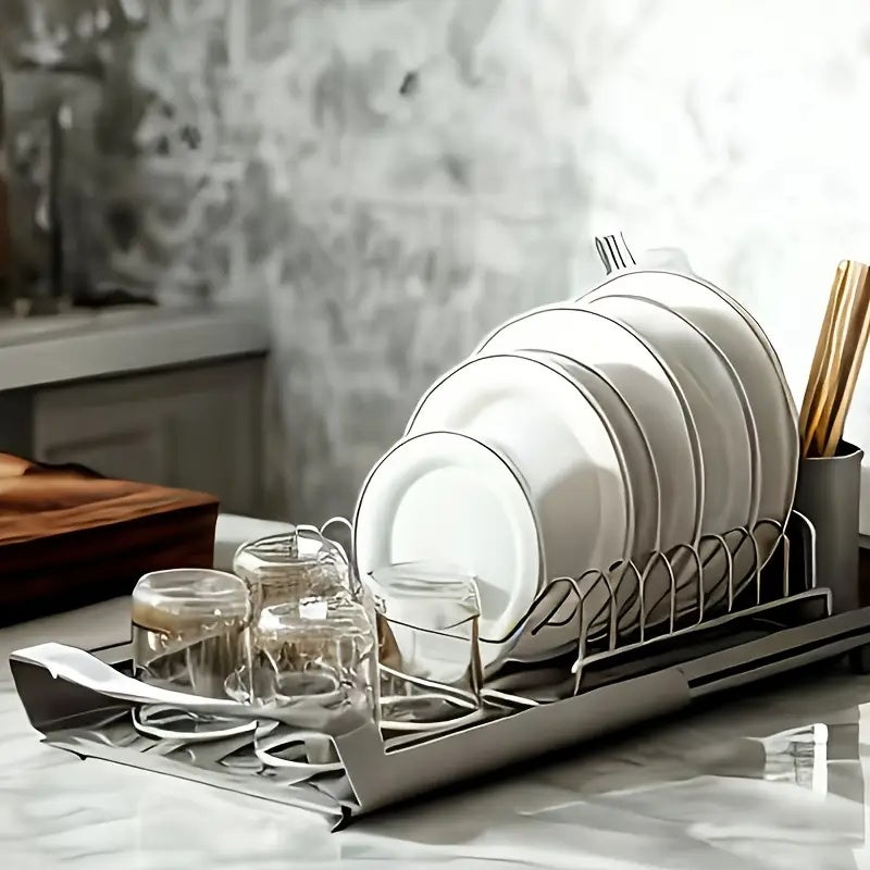 Scolapiatti da cucina in acciaio inox, grande capacità, scolapiatti da cucina a 2 livelli, con vassoio estraibile e ganci (42 x 25 x 43,5 cm, supporto per tagliere