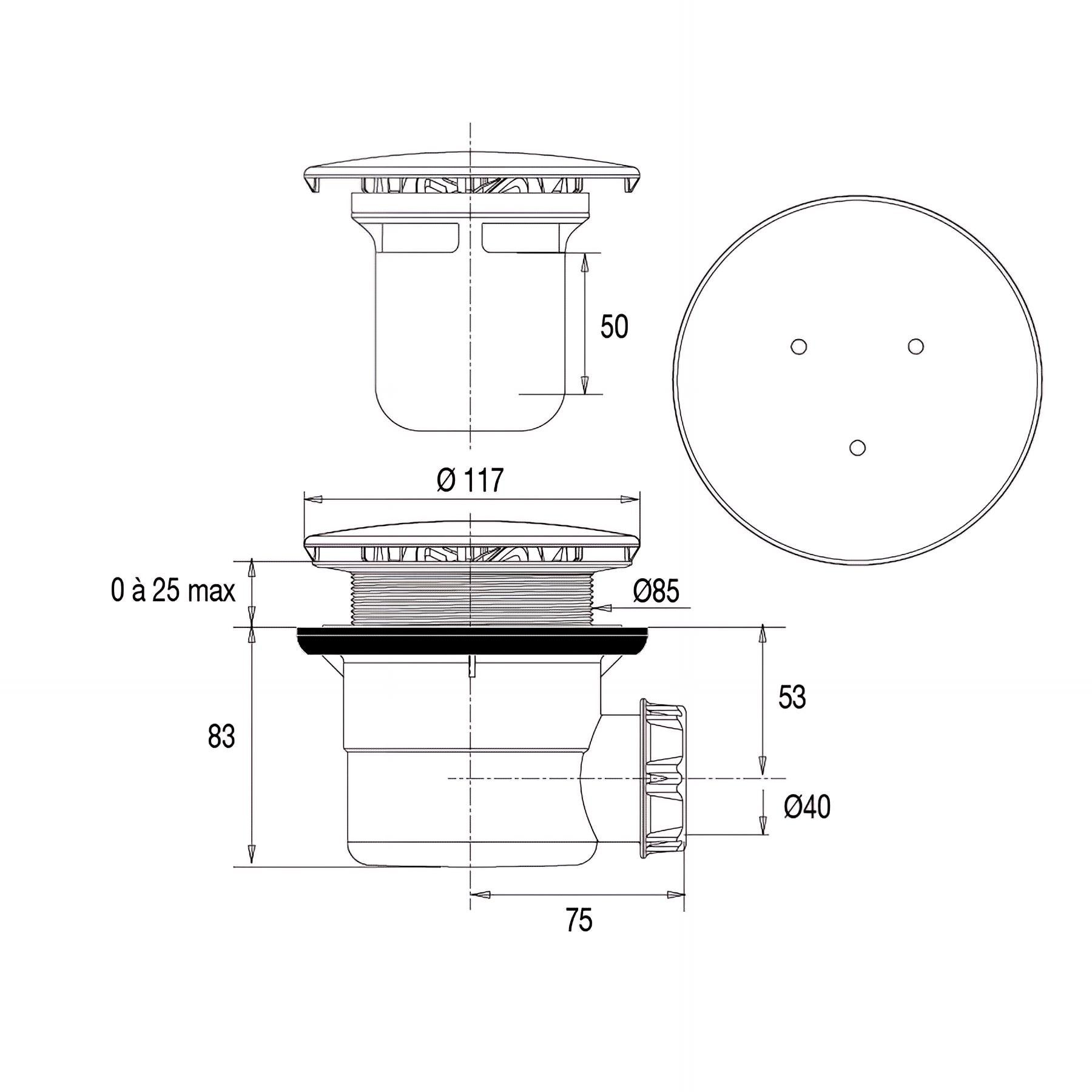 bonde de douche - plastique - sortie horizontale - diamètre 40 - valentin 57150000000 - 2