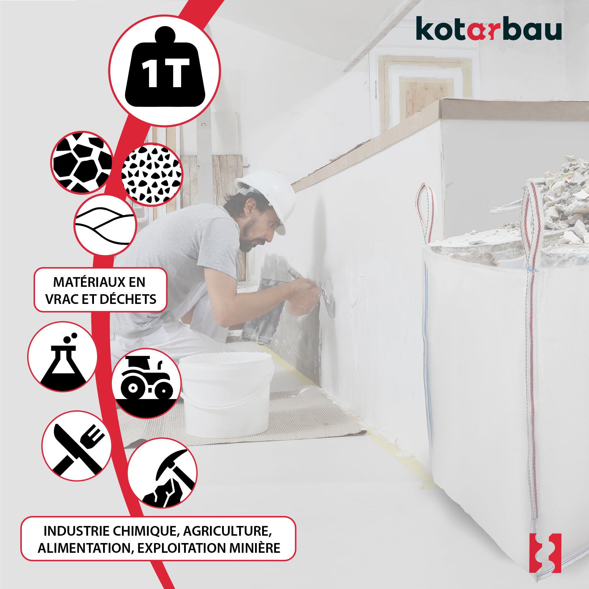 Sac Big Bag Vide, Sac Gravat Chantier 90 x 90 x 120 cm 1000 kg 2 pieces - KOTARBAU - 5