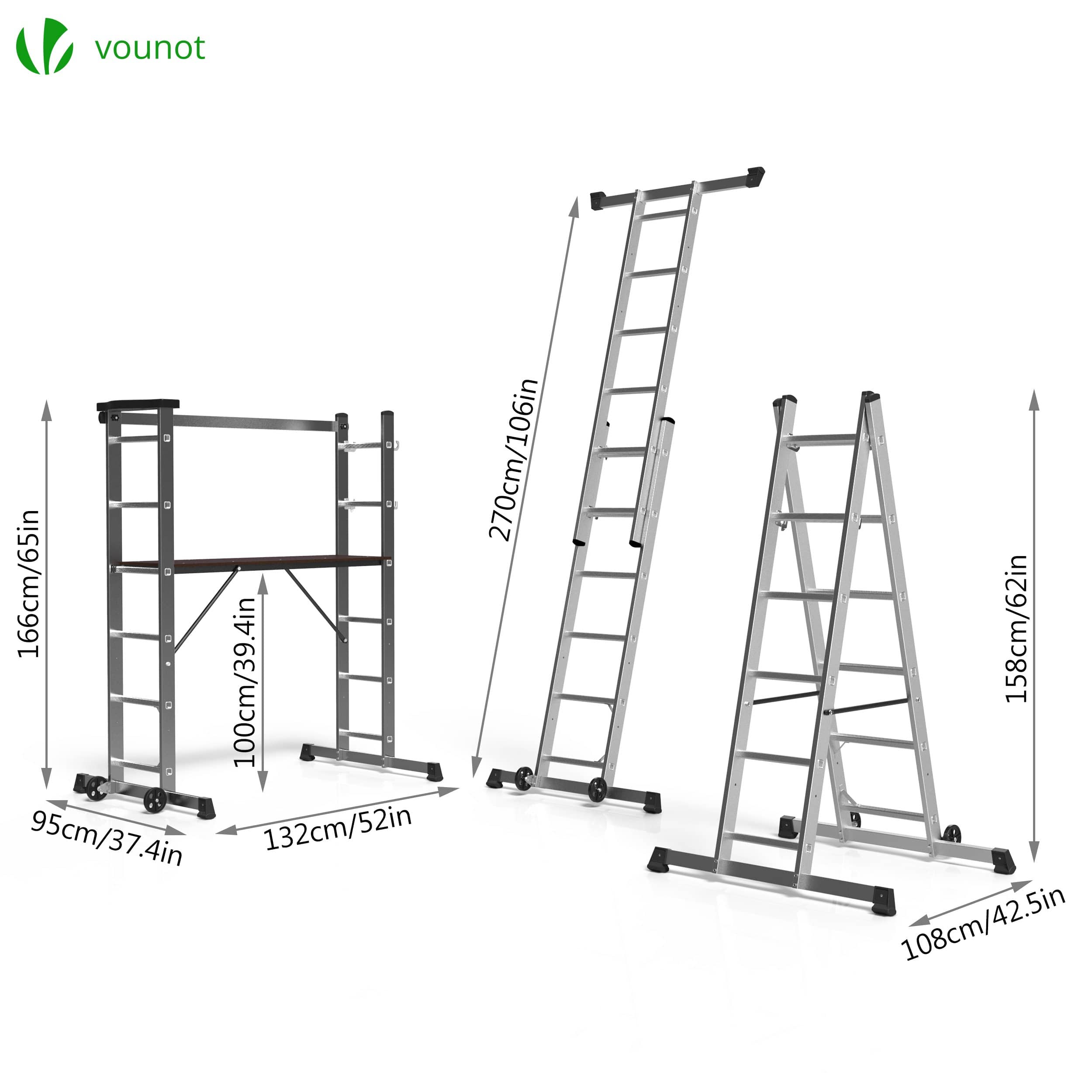 Échafaudage roulant 3 en 1 - échelle escabeau et plateforme de travail - aluminium - hauteur ajustable max 270cm - VOUNOT® - 5