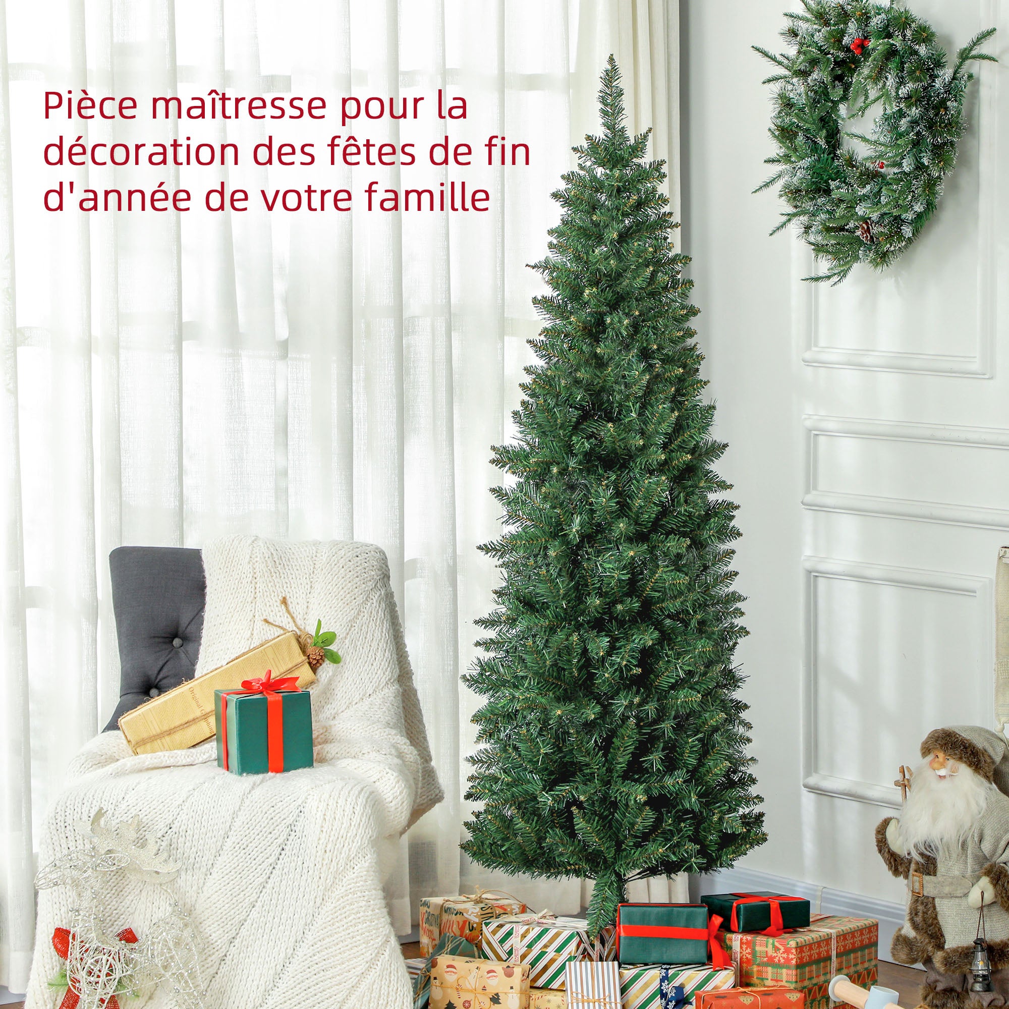 Sapin de Noël Artificiel 180 cm Arbre de Noël Slim avec support en acier pliable,479 branches épines Vert - 6