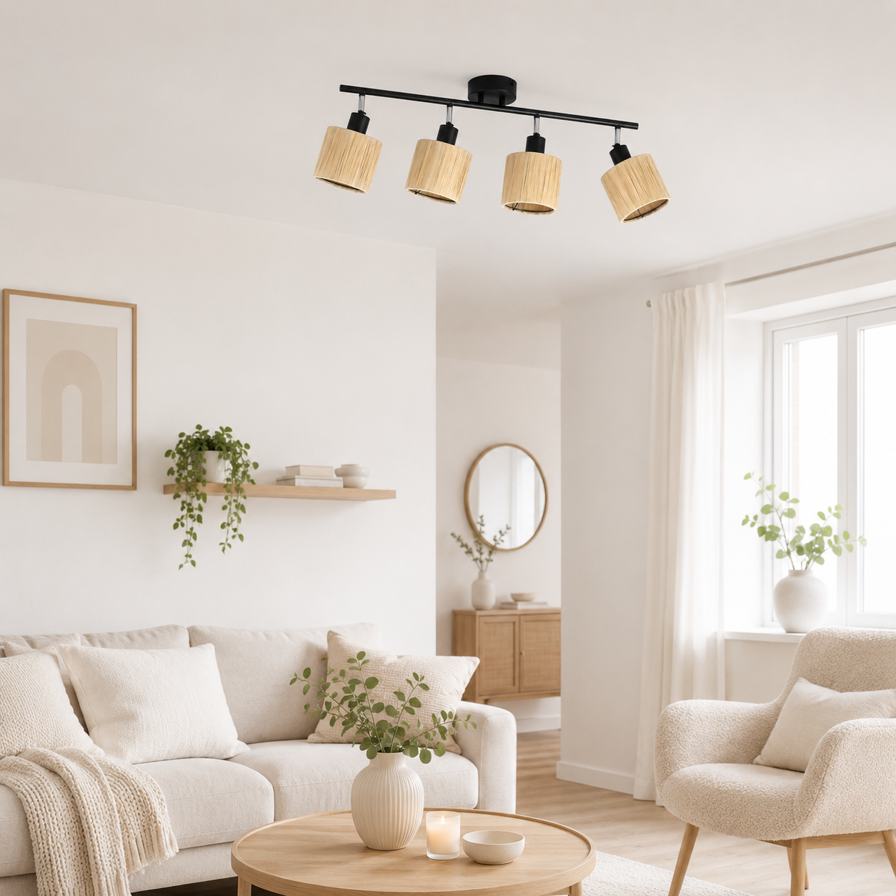 NETTLIFE Foco de techo de 4 llamas E14 Lámpara de techo de papel negro natural para sala de estar - 5