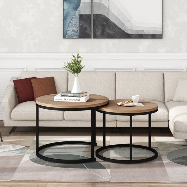 Set de 2 Tables Basses Rondes, Tables Basses Gigognes Rondes pour Salon, 2 Tables d'Appoint Rondes, Chêne