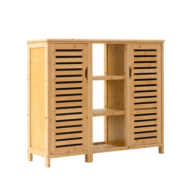 Mobile Bagno In Bambù 140cm - Armadietto Salvaspazio Con Ante A Lamelle E Ripiani, Design Naturale - Foto 7