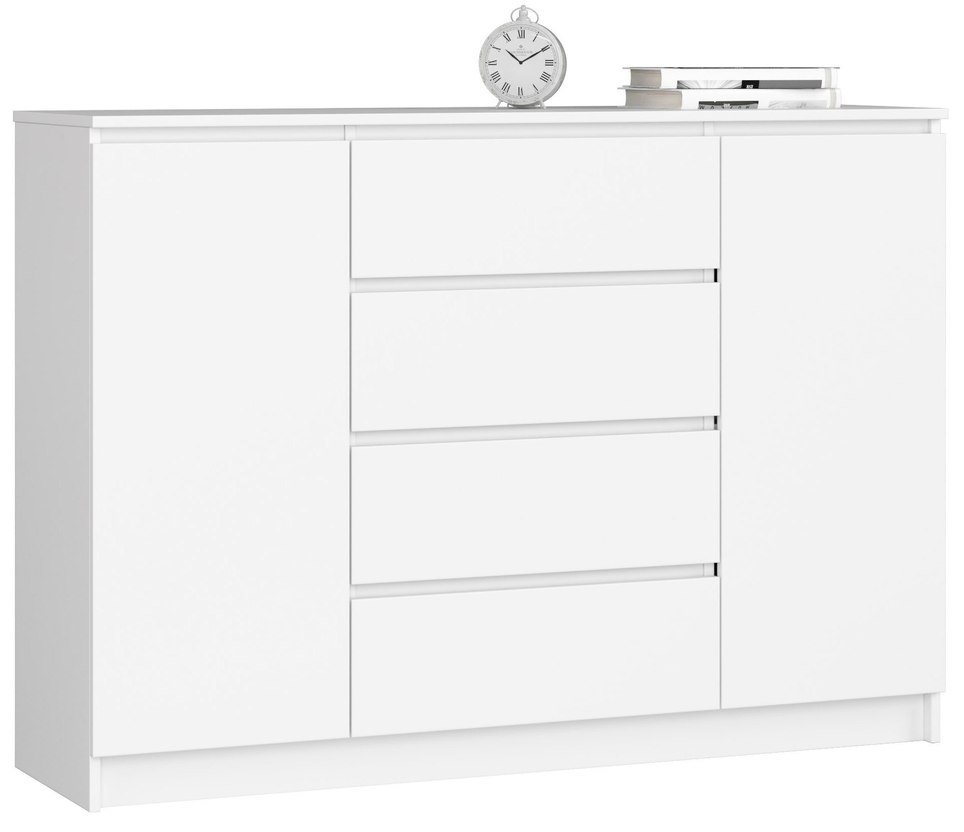 Komoda AKORD K140 Biała 138 cm 2 drzwi 4 szuflady kolor Biały mat 4 półki 138x40x99 cm