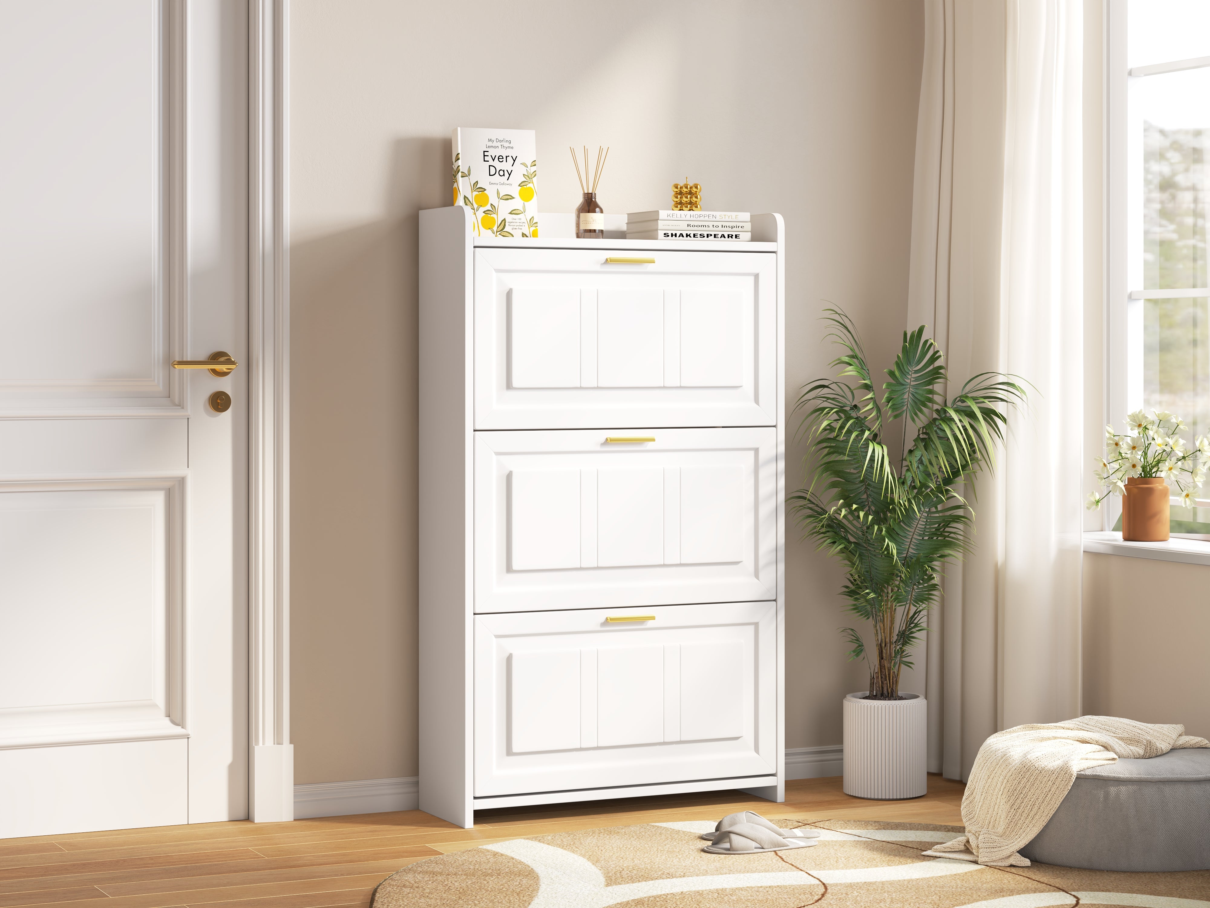 Meuble à chaussures avec 3 portes rabattables - 70 x 24 x 120 cm - MDF et panneaux de particules - Blanc - 7