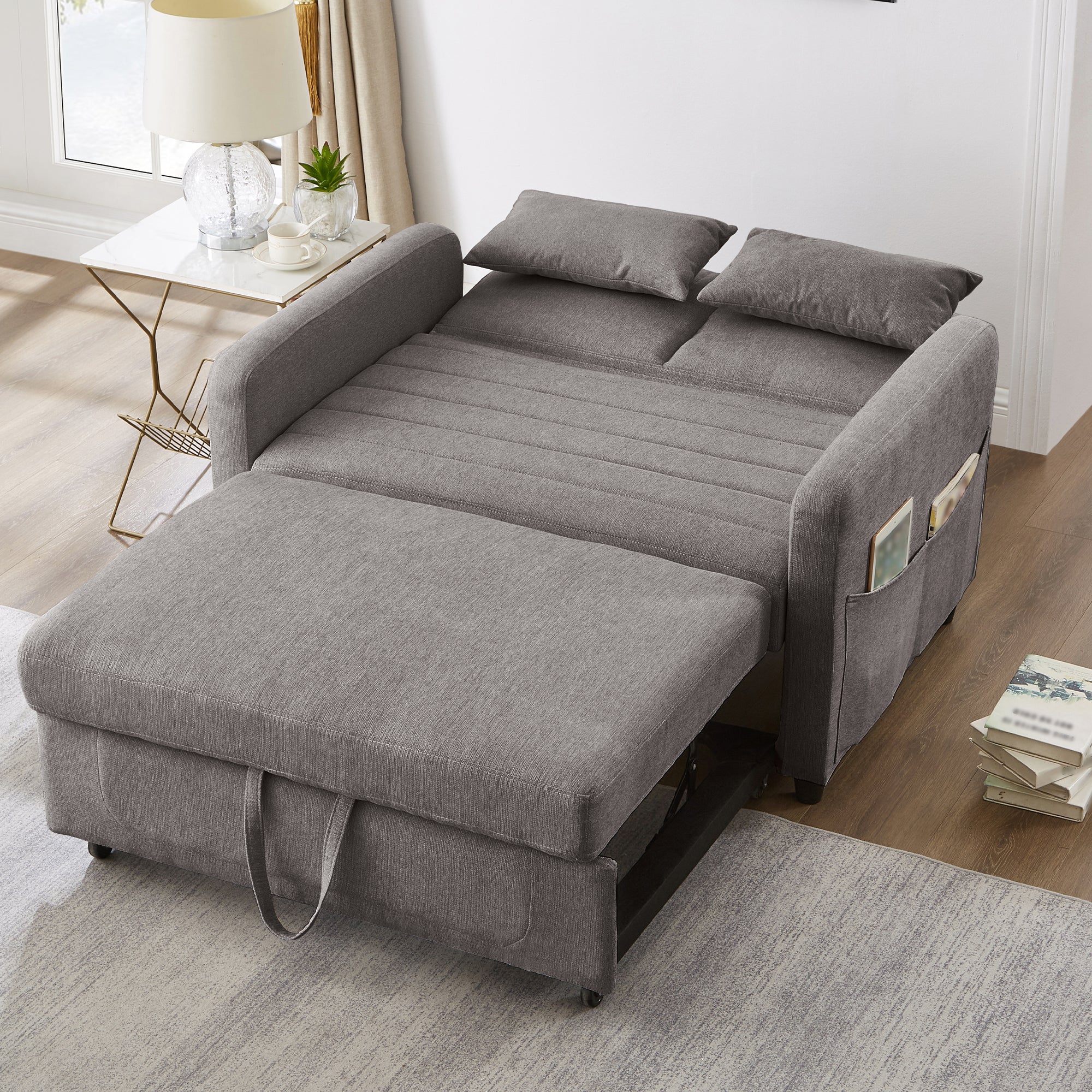 Sofa dwuosobowa z funkcją spania 114 x 77 x 82,5 cm - oparcie regulowane w 3 poziomach - tkanina bawełniano-lniana - szara - 4