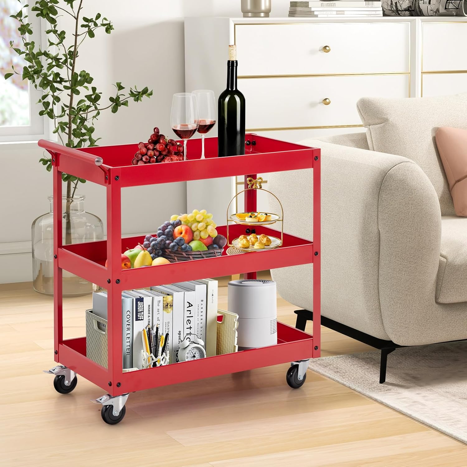 Wózek Narzędziowy 3-poziomowy z 4 Kółkami Uniwersalnymi i Uchwytem Bocznym, Wieszak na Ręczniki, Łazienka, Magazyn, 76 x 38 x 76 cm, Czarny (Czerwony) - 3