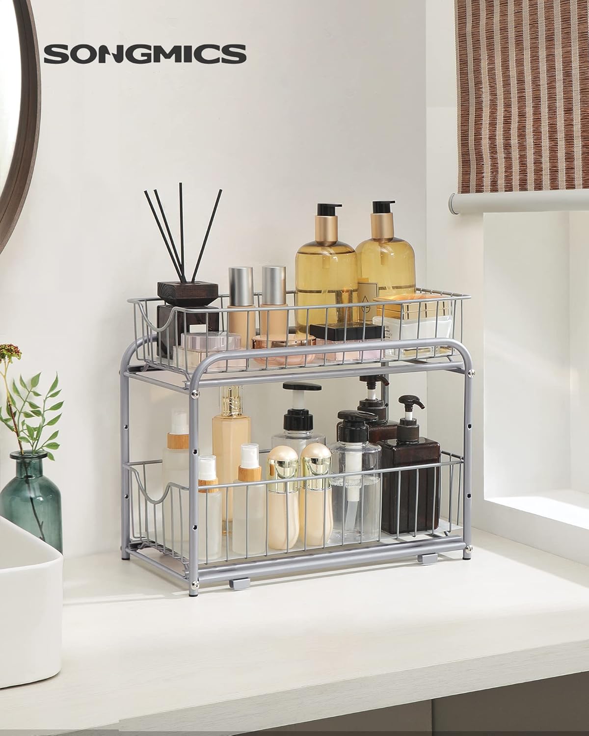 Organizador de Cocina, Estantería de 2 Niveles Extraíbles para Armario, Organizador Apilable bajo el Fregadero con Cajones, para Cocina, Baño, Plata - 3