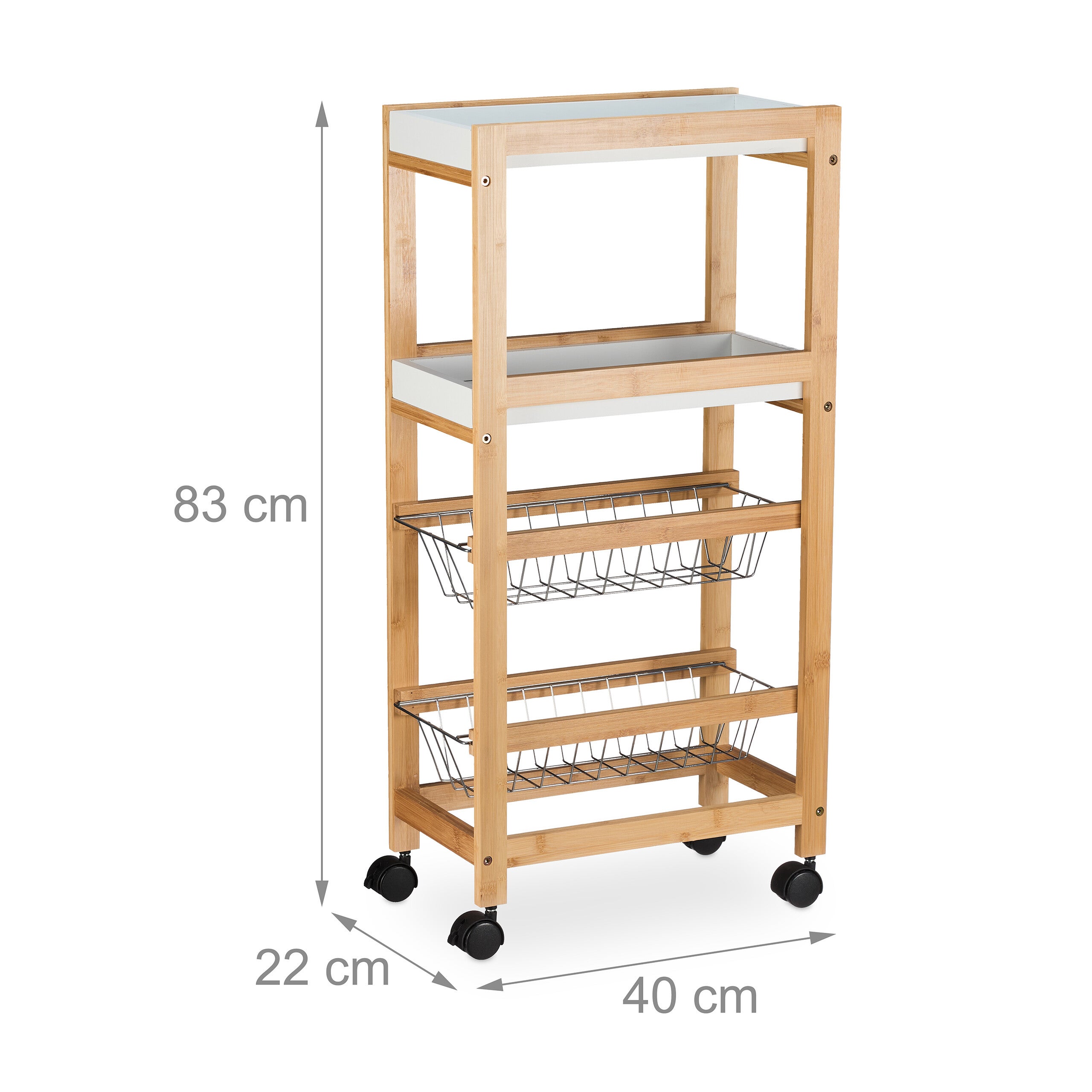 Carrito de Cocina, 4 Niveles, Carro Camarera Estrecho, 83 x 22 x 40 cm, Bambú, con Ruedas, Natural y Blanco, Relaxdays - 4