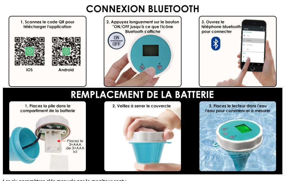 Testeur d'eau de Piscine Bluetooth 6-en-1 EC/Salinité/pH/ORP/Temperature/Chlore, Compteur Sans fil Flottant Intelligent de Surveillance de Piscine - 7