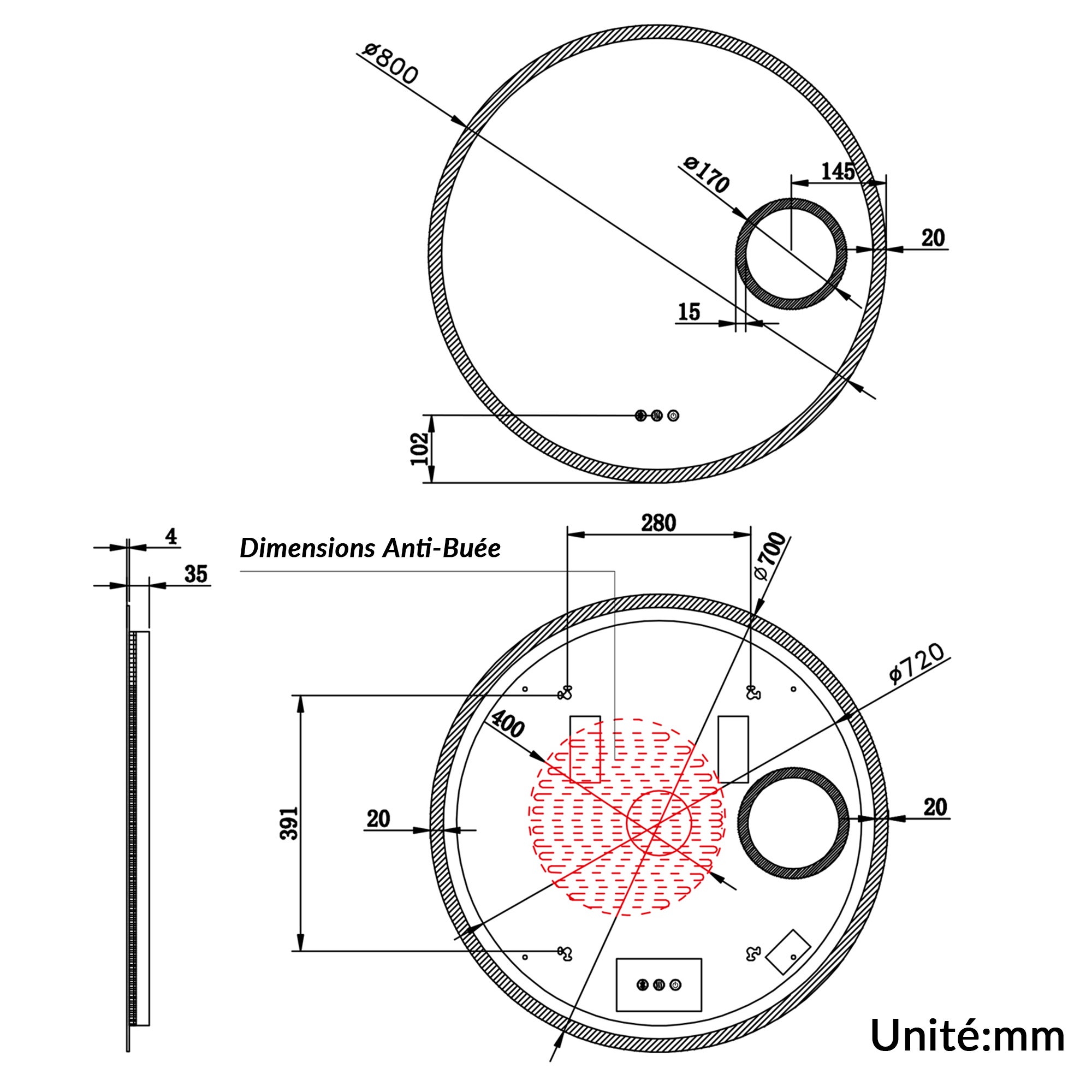SIRHONA Miroir de Salle de Bain Rond Ø80cm, Bluetooth, Anti-Buée Centrale, Loupe 3x, Éclairage 3 Tons, Montage H/V - 7