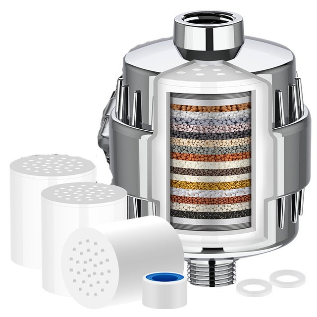 Zestaw 3 uniwersalnych filtrów prysznicowych 20-stopniowych + 1 filtr – oczyszczacz twardej wody – usuwa metale ciężkie i inne osady