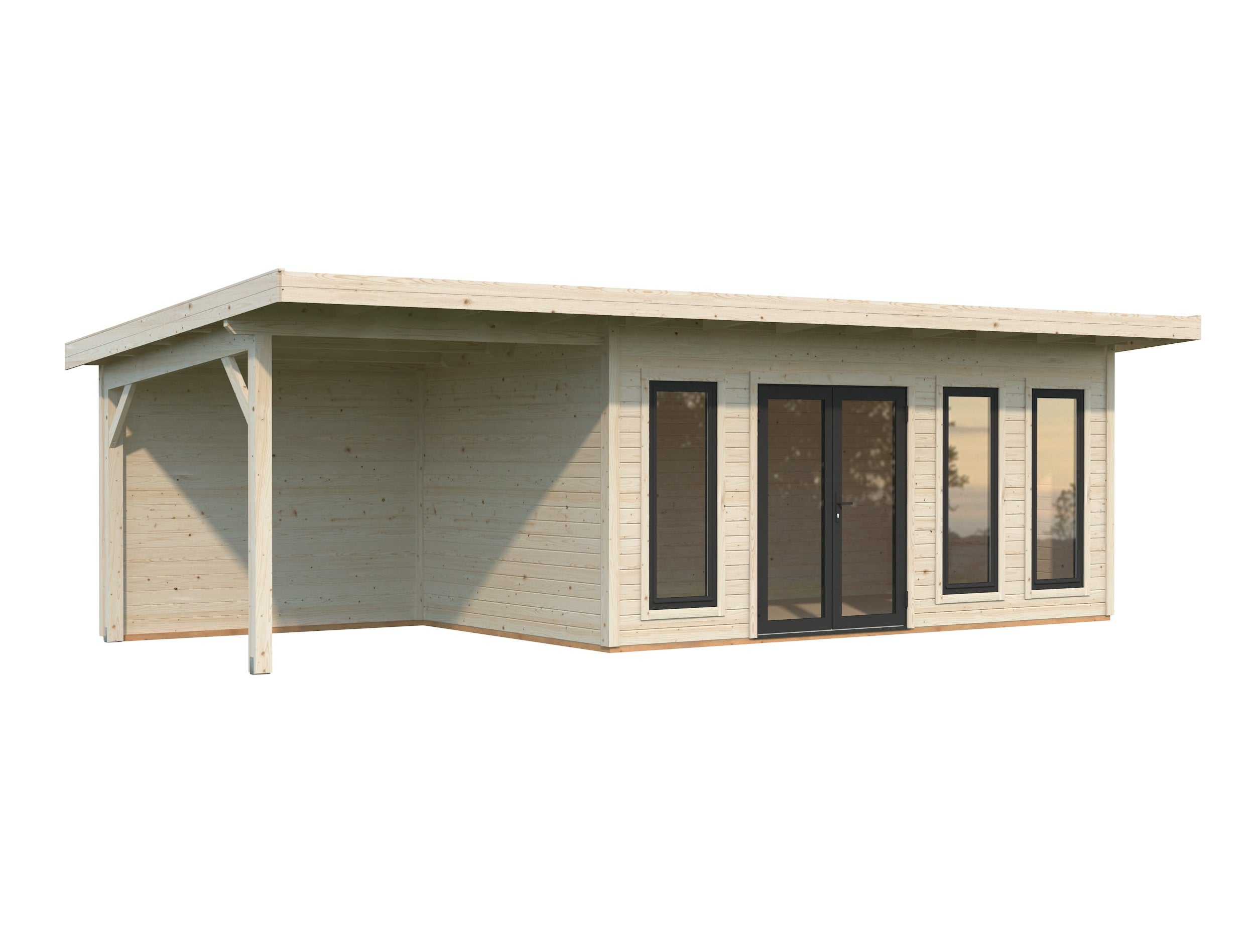 Studio de jardin en bois avec pergola Aurelia - PALMAKO - Ep.44 mm - 833x300 cm - 24,2 m² - Double vitrage trempé - 2