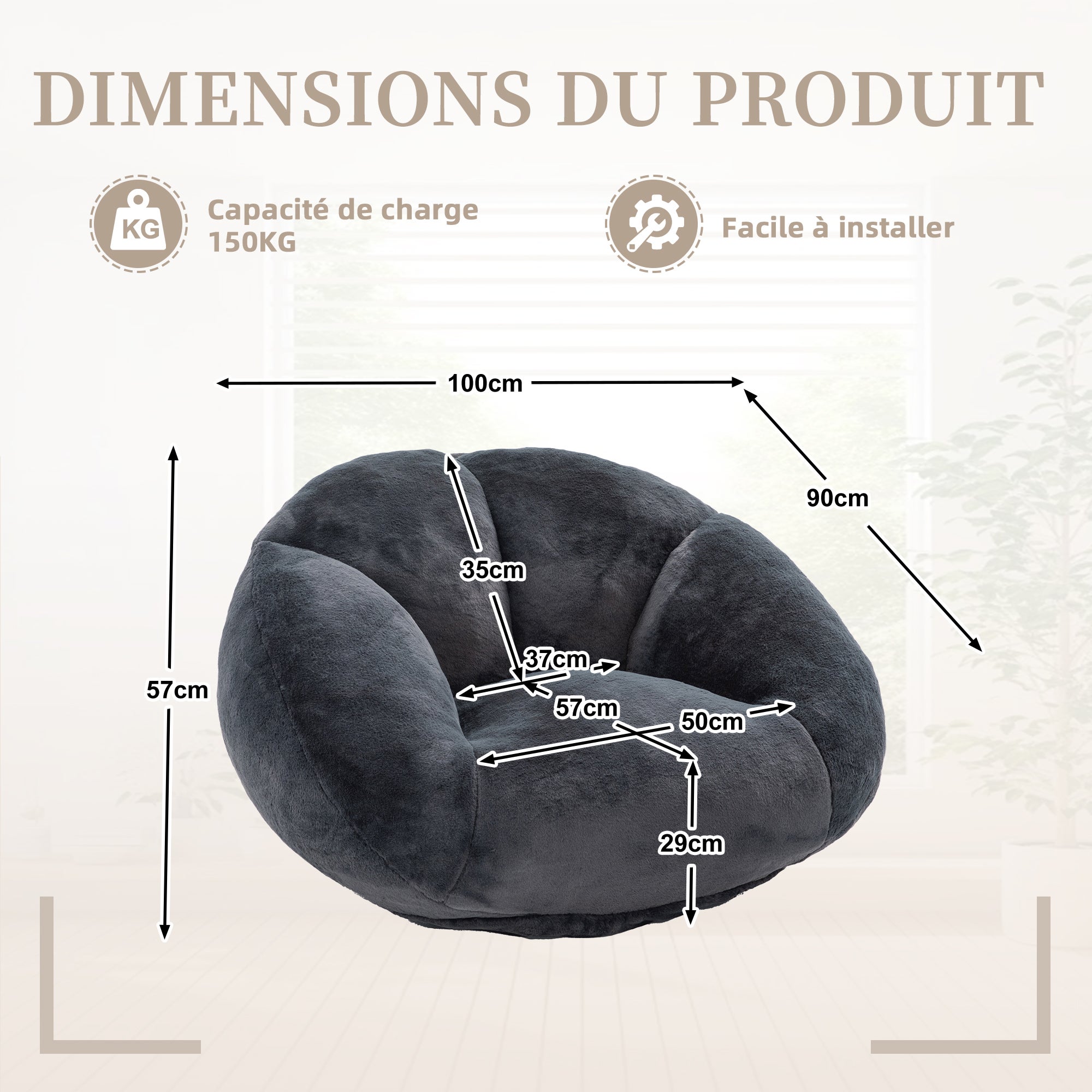 Fauteuil poire velours noir – Dossier pétales, confort mémoire douillet – Dimensions généreuses 100x90cm – Idéal salon/chambre - 9