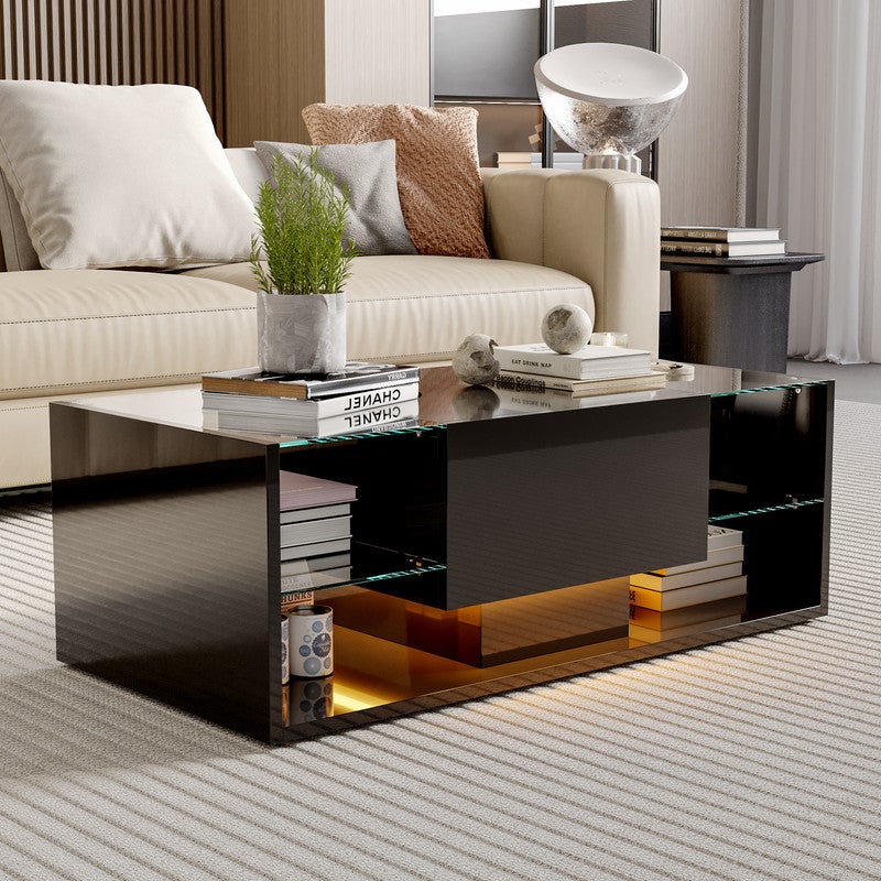 Table basse, Table basse salon LED avec espace de rangement, Table brillante avec étagère en verre, 100L x 50B x 35H cm - 4