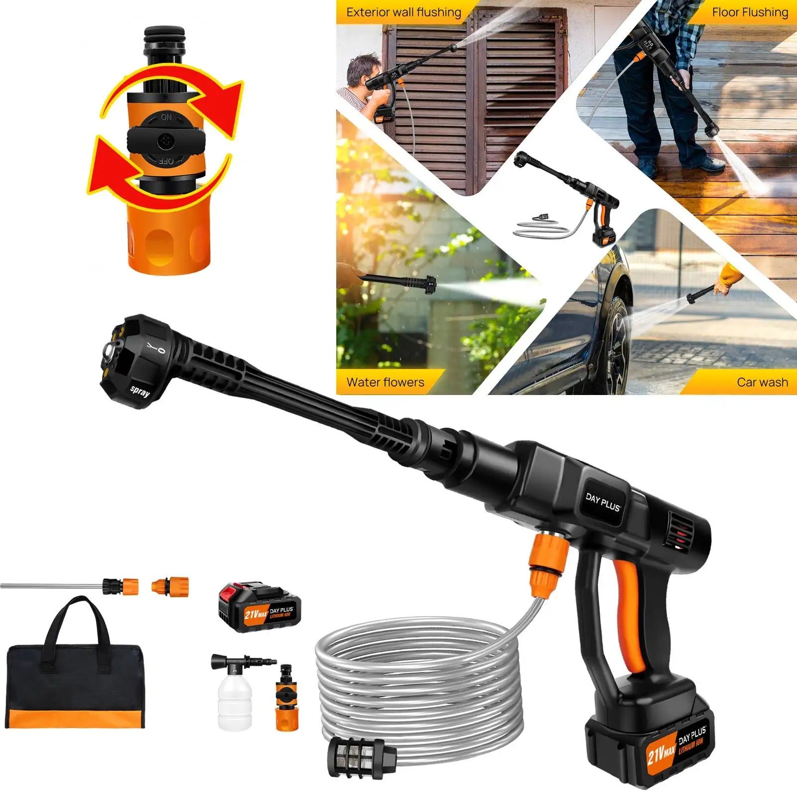 Laveur Haute Pression Sans Fil 45 Bars/652 PSI - 6 EN 1 21V 3.0Ah - Buse Multifonction & Tuyau 5m - Pour Voiture, Jardin & Maison - 3