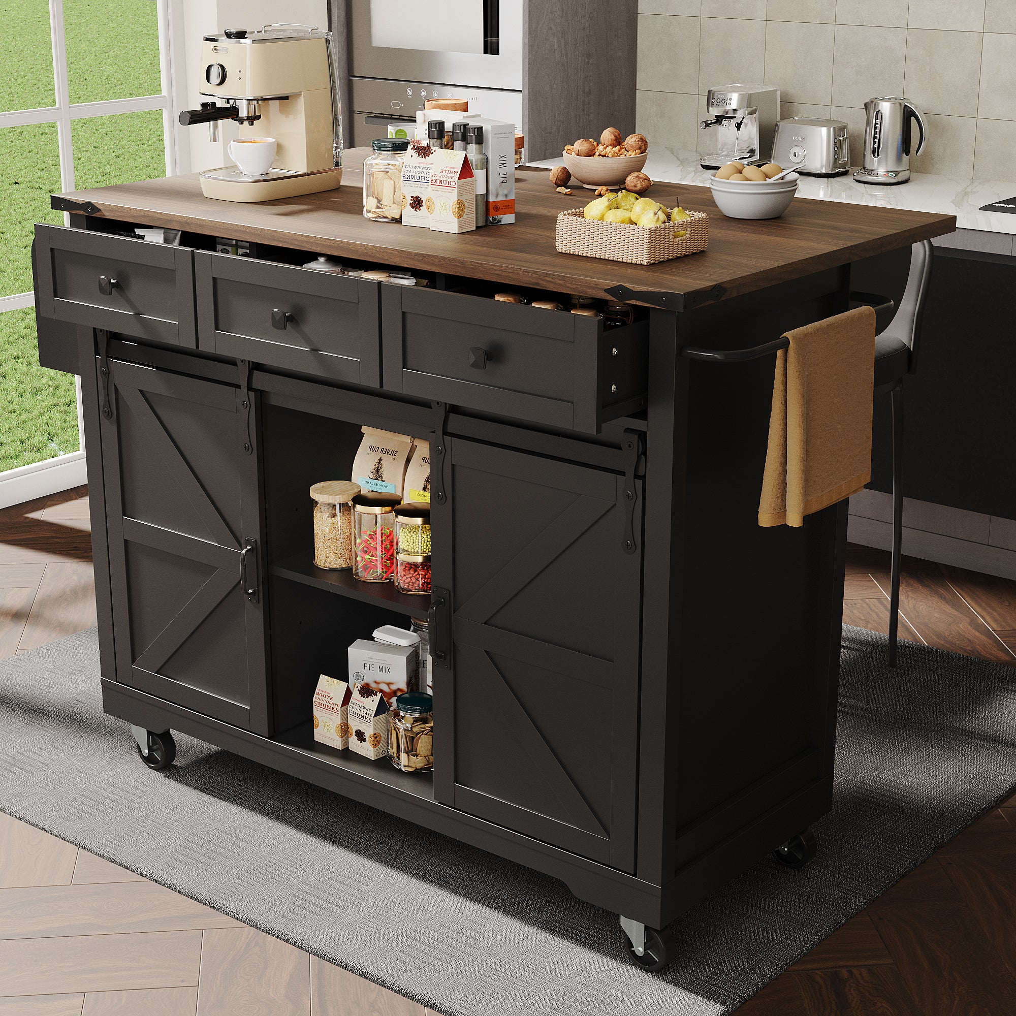 Beaok  Carrito De Cocina,Isla Móvil Con 3 Cajones Y 2 Puertas Correderas,Encimera Extensible,Mdf,. Negro , Leroy Merlin