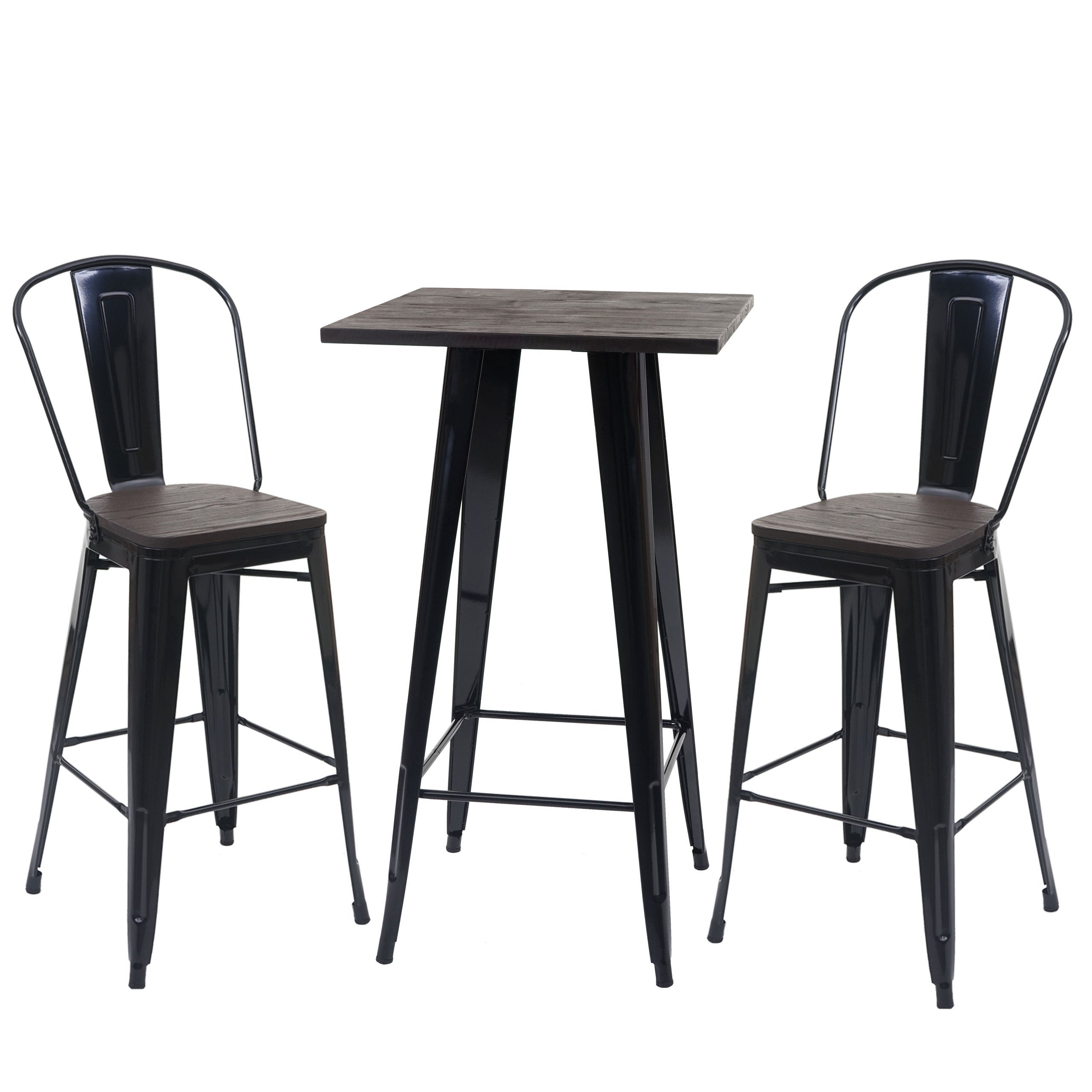 Conjunto de mesa de bar con 2 taburetes tablero de madera de diseño industrial estructura de metal negro 04_0003070