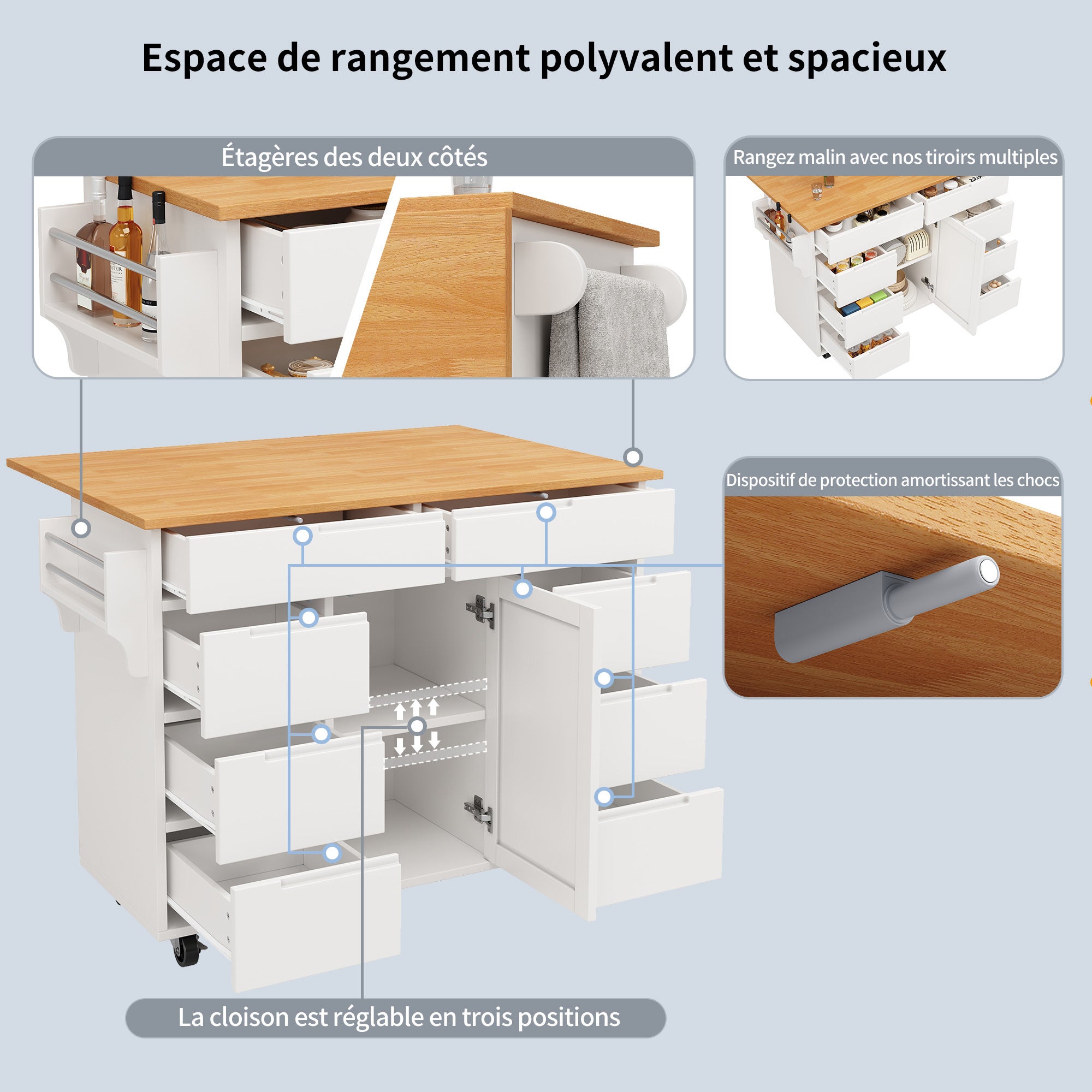Îlot de cuisine avec 8 tiroirs, table à manger extensible 122x46-74.5x91.5 cm, meuble rangement mobile avec plateau MDF et roulettes, blanc - 4