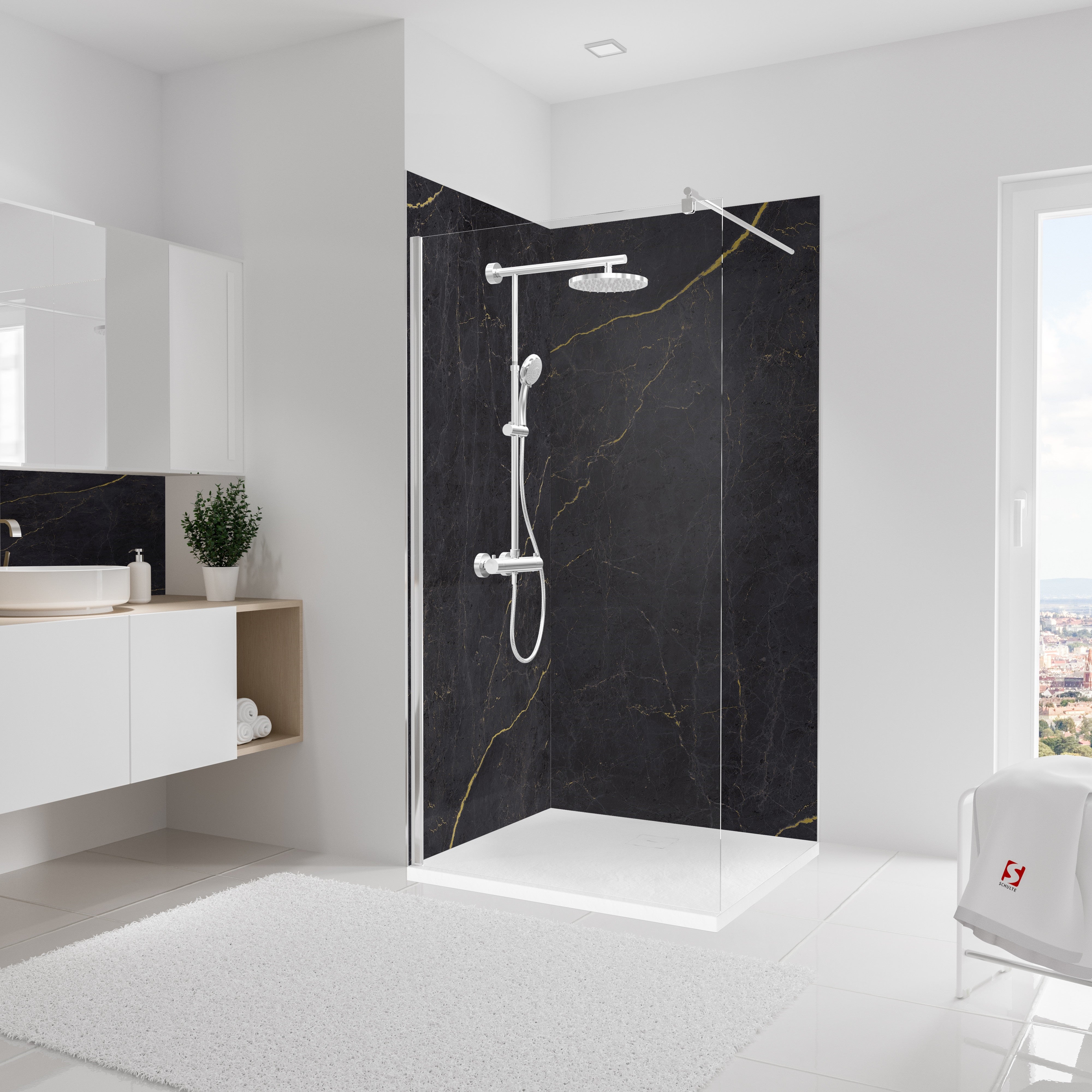 Paroi De Douche Miroir Effet Marbre Noir - Aluminium 3mm - Sur Mesure Jusqu'à 150x400cm