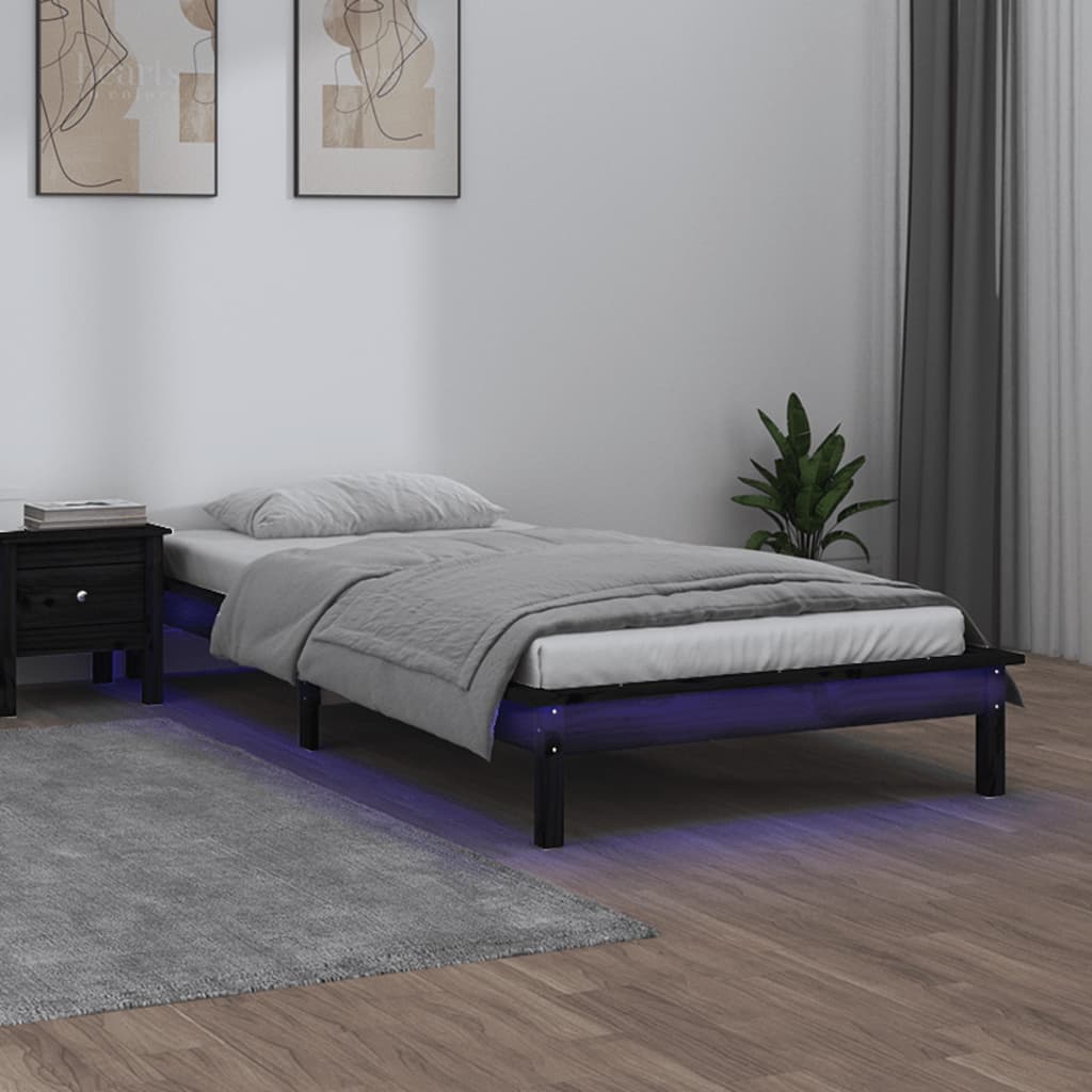 Rama łóżka z LED, czarna, 75x190 cm, pojedyncza, lite drewno