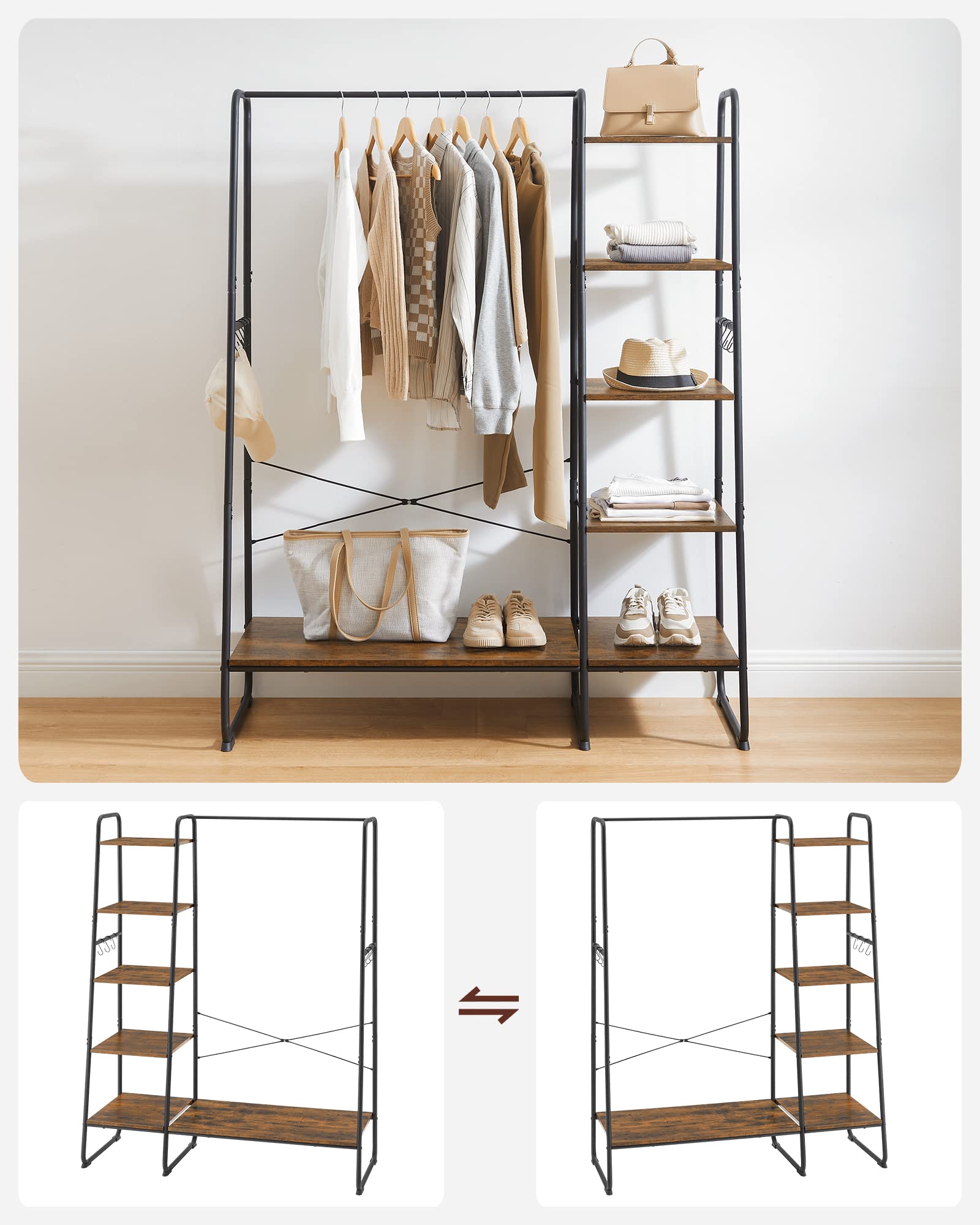 Porte-manteau sur Pieds, Meuble Chaussure Entrée, Vestiaire, avec 5 Étagèress de Rangement, 6 Crochets, pour Chambre, Salon, Marron Rustique et Noir - 6