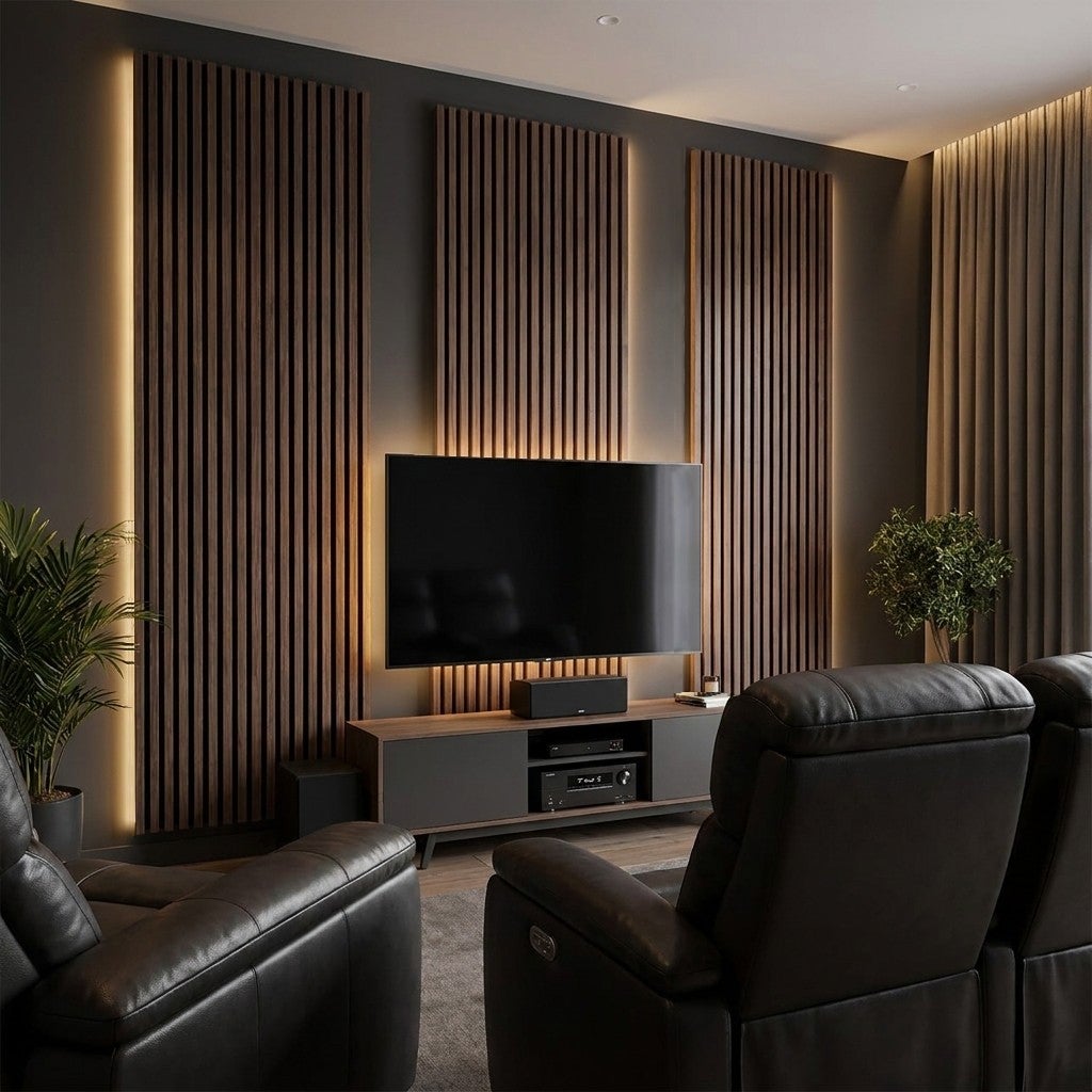 Lot de 3 panneaux muraux acoustiques décoratifs en MDF 240 x 60 cm, finition chêne noyer, Absorption sonore élevée (NRC 0,7) – Installation facile - 2