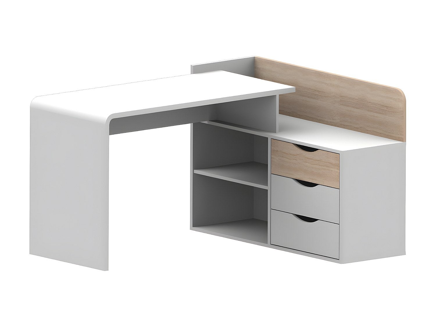 Bureau d'angle DECLAN II - MDF - 3 tiroirs & 2 niches - Coloris : Blanc & Chêne - 2