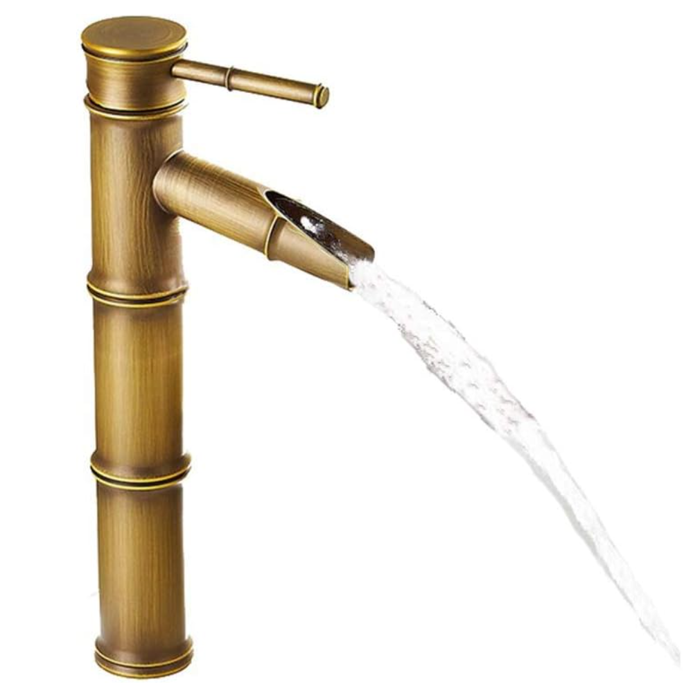 Bateria umywalkowa typu wodospad w kształcie bambusa, jednootworowa, ciepła i zimna woda, styl antyczny (wysokość: 308 mm)