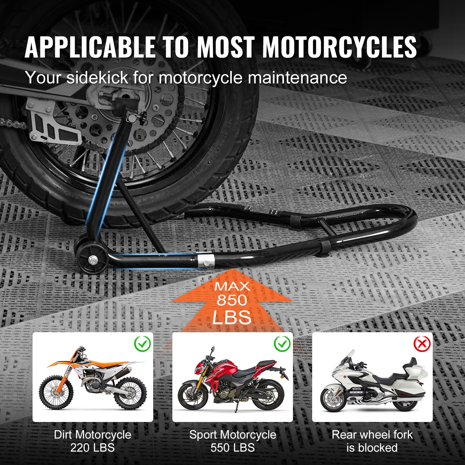 Suporte para roda traseira moto,SucceBuy capacidade 390 kg,robusto com bobinas garfo em U + L,macaco para levantamento para Suzuki,Yamaha,preto - 6