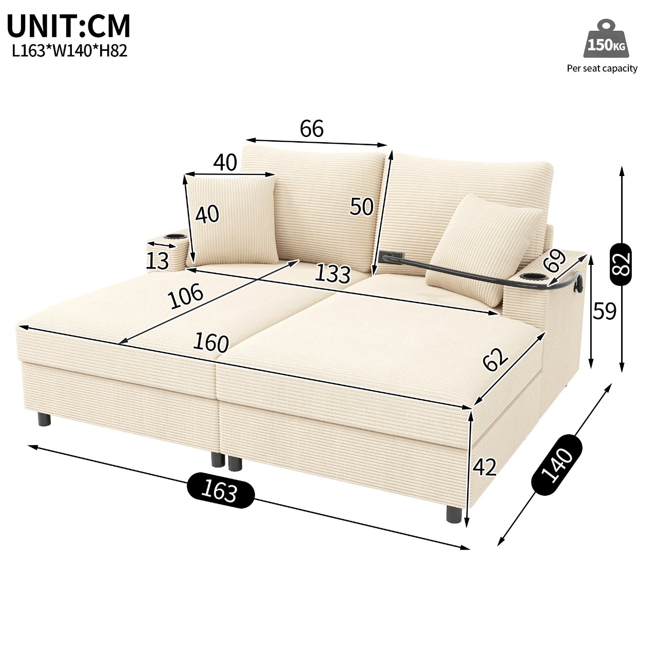 Canapé convertible multifonction 2 places avec port USB et porte-gobelet, banquette lit avec support téléphone pour salon ou bureau, 140cm, Beige - 5