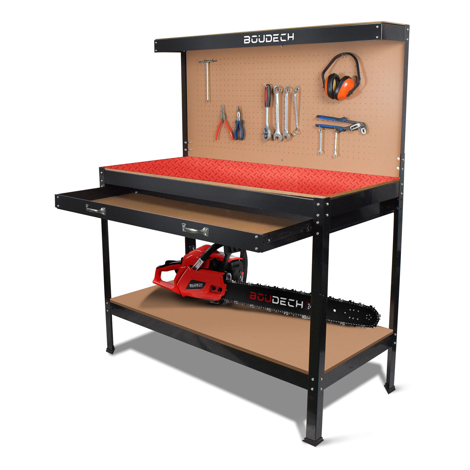 Banco de ferramentas metálico com parede e gavetas para oficina 120x60cm + 2 gavetas e 2 prateleiras para ferramentas + tapete - 4