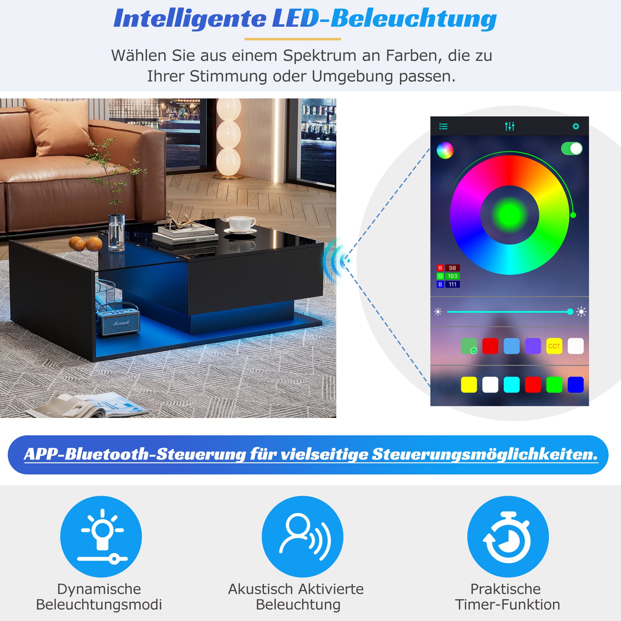 Table basse avec grand tiroir - 100x50x32 cm - LEDs - plateau en verre - Panneaux de particules - Noir brillant - 4
