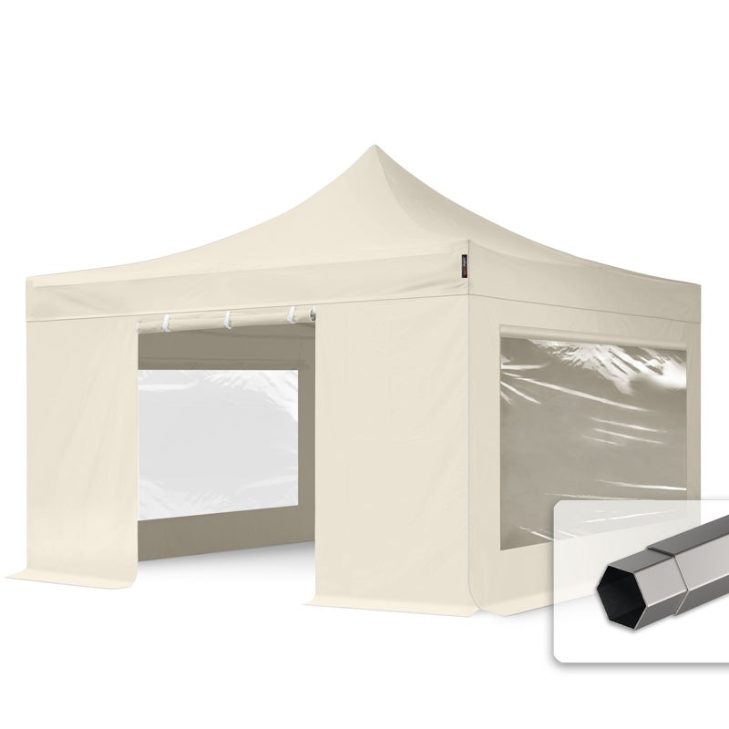 4x4 m Namiot Ekspresowy, PREMIUM Stal 40mm, ze ścianami bocznymi, okna panoramiczne, kremowy