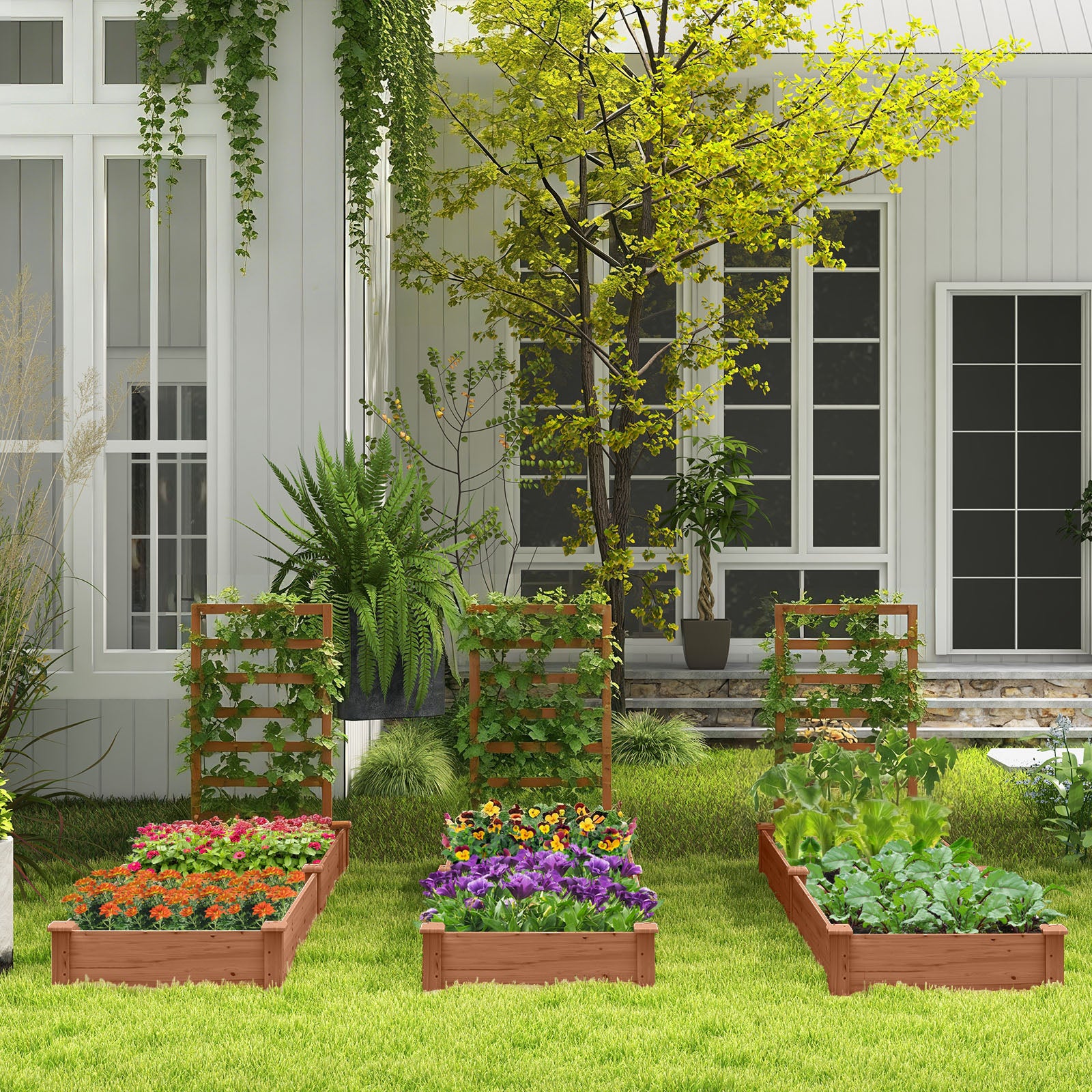 Jardinière avec Treillis en Bois avec Base Ouverte, 2 Bacs à Fleurs Extérieur pour Plante Grimpante, Lit de Jardin Surélevée, Marron - 9
