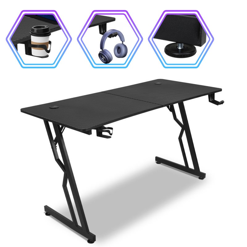 Biurko gamingowe, 120*60 cm, w kształcie litery Z, podstawka pod monitor, uchwyt na kubek, haczyk na słuchawki, kolor czarny