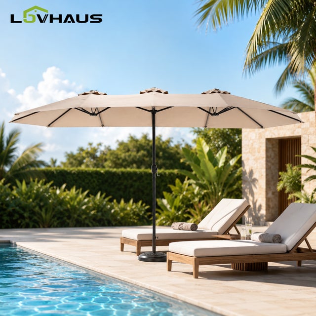 Parasol droit double rectangulaire 4,5m acier de jardin terrasse avec manivelle toile anti-UV Kaki Sans base LOVHAUS