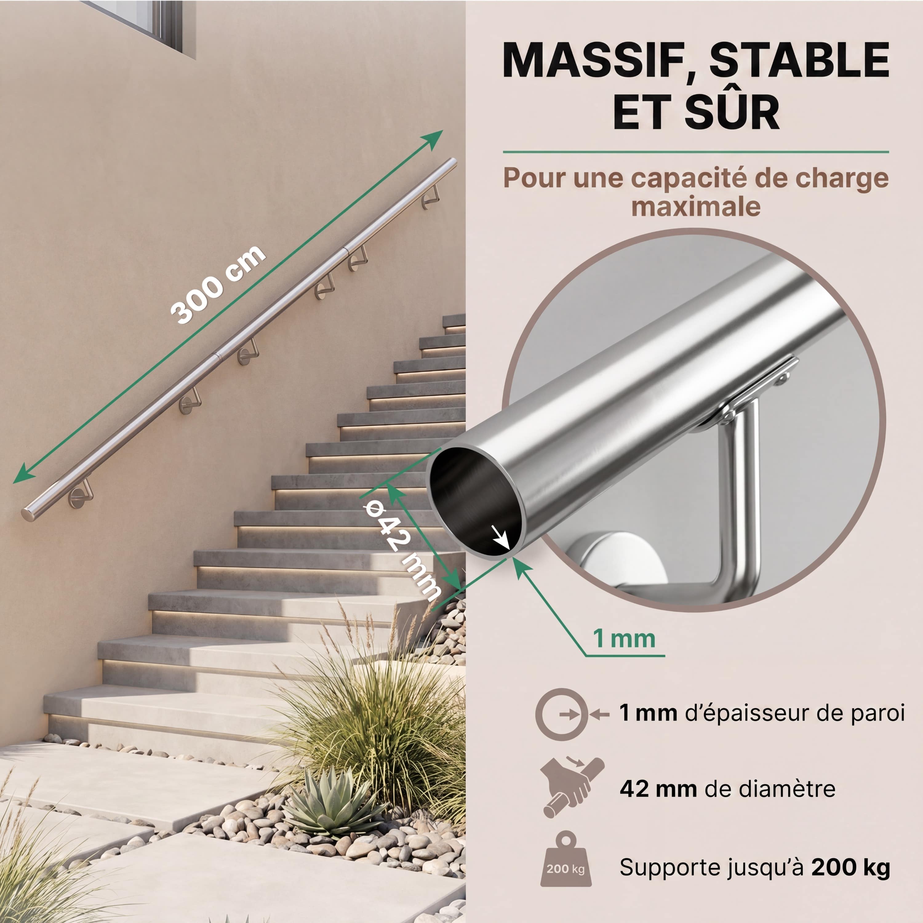 MONZANA® Main courante acier inoxydable V2A rampe d'escalier rambarde barre 300 cm support mural intérieur extérieur - 4